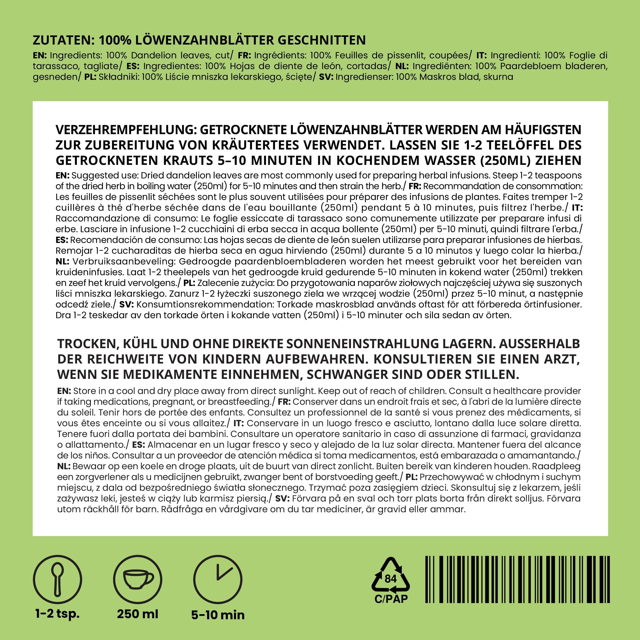 IDDA Herbal Herbata z Mniszka Lekarskiego 250g, Suszone i Cięte Liście Mniszka, Herbata Liściasta