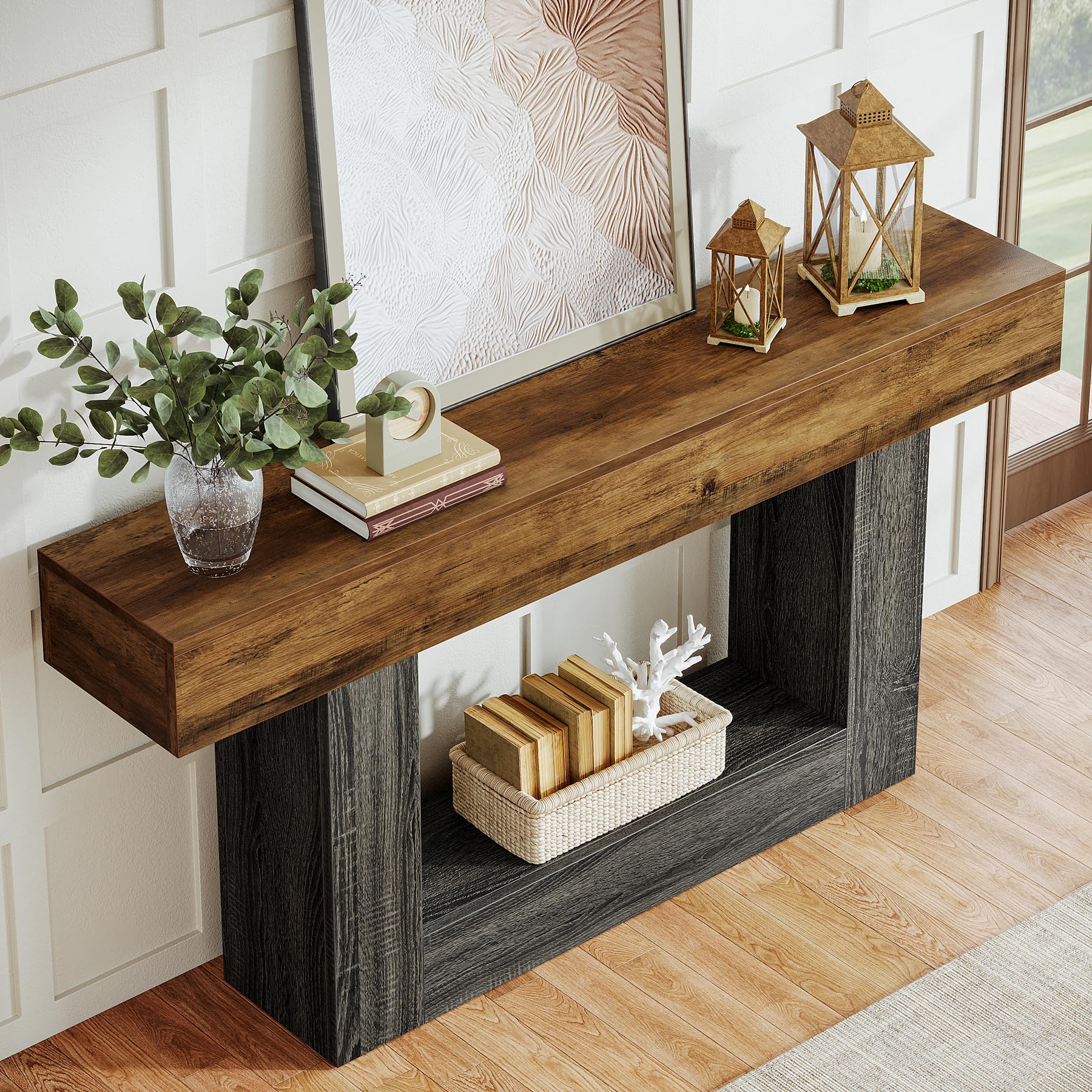 Tribesigns Mesa Consola de 160 cm de Largo, Mesa de Entrada de 2 Capas, con Espacio de Almacenamiento, Mesa de Centro Trasera de Madera de Granja para salón, Pasillo (Rústico Marrón y Gris)