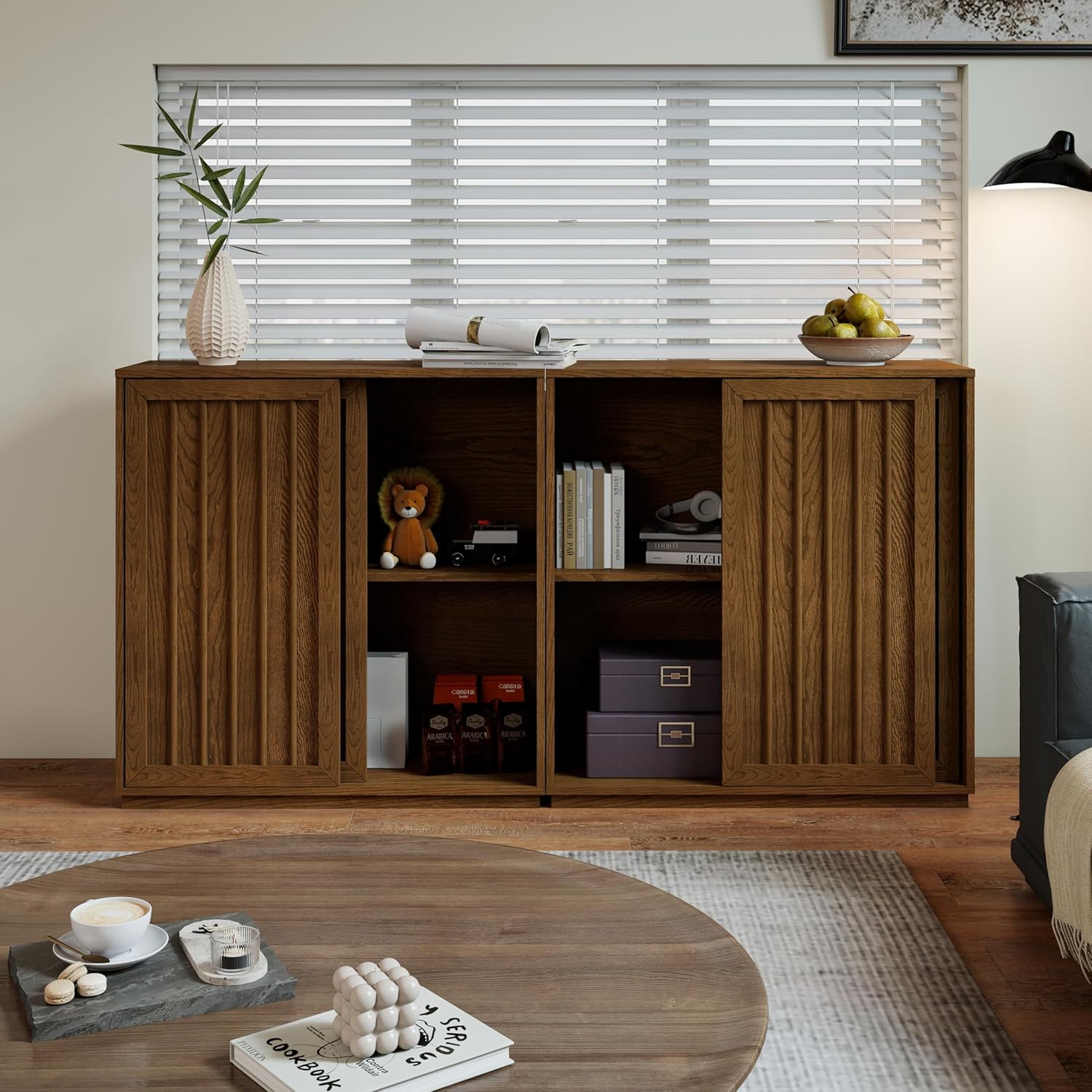 LKTART Mid Century Modern Sideboard Buffet Cabinet with 2 Fluted Sliding Door,Small Storage Cabinet with Outlet Holes for Living Room, Kitchen, Entryway, Hallway 32" Walnut