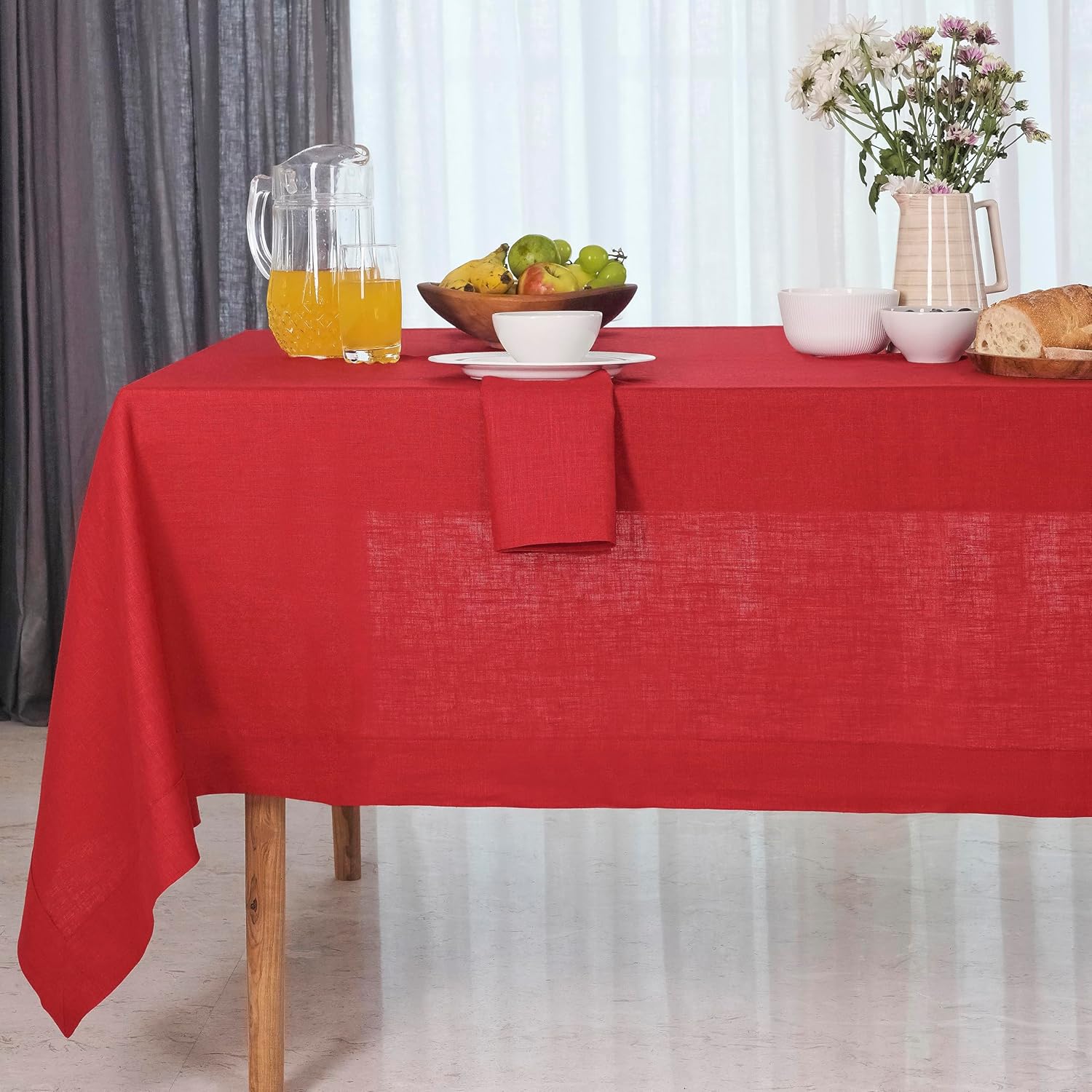 D'Moksha Homes Linen Tablecloth 60 x 90 Inch - 100% Pure Linen Bright Red Tablecloth for Rectangle Tables - Machine Washable Table Cloth for Mothers Day, Spring, Easter