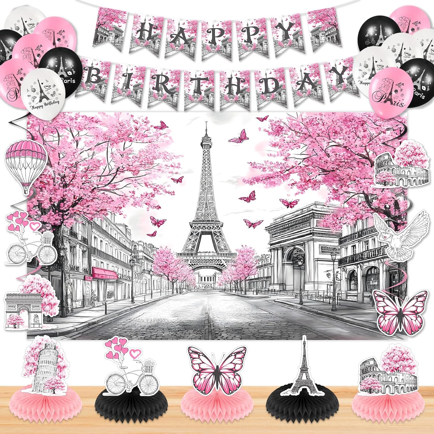 Paris Themed Birthday Party Decorations for Girls & Women - Pink Paris Eiffel Tower Happy Birthday Banner Backdrop Honeycomb Centerpiece Balloons Hanging Swirls