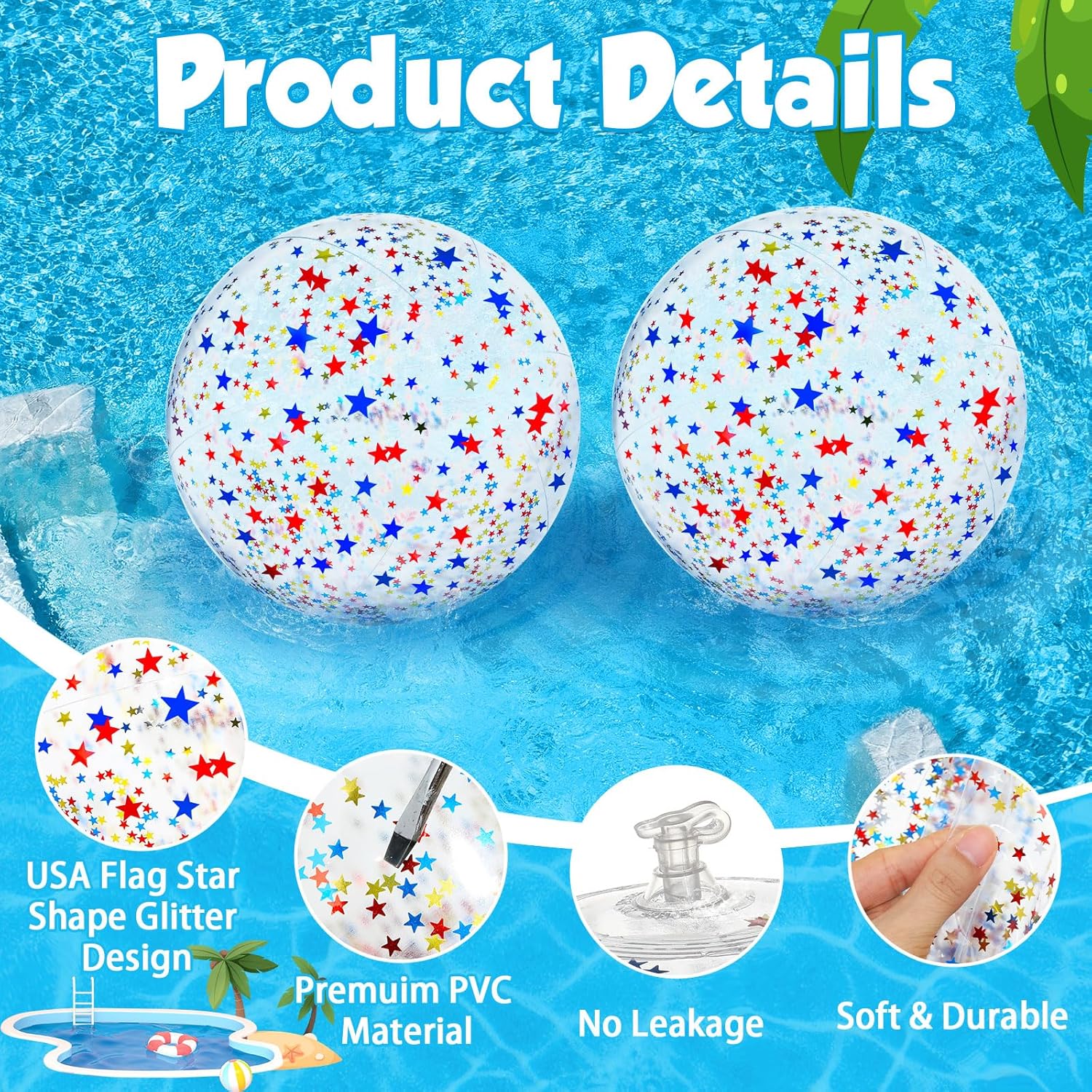 QOUBAI 12Pack Patriotic Glitter Beach Balls Bulk 16 Inch Inflatable Glitter Beach Balls Red White Blue Toy Ball Large 4th of July Pool Toys Summer Outdoor Swimming Pool Games Water Game Party Favor