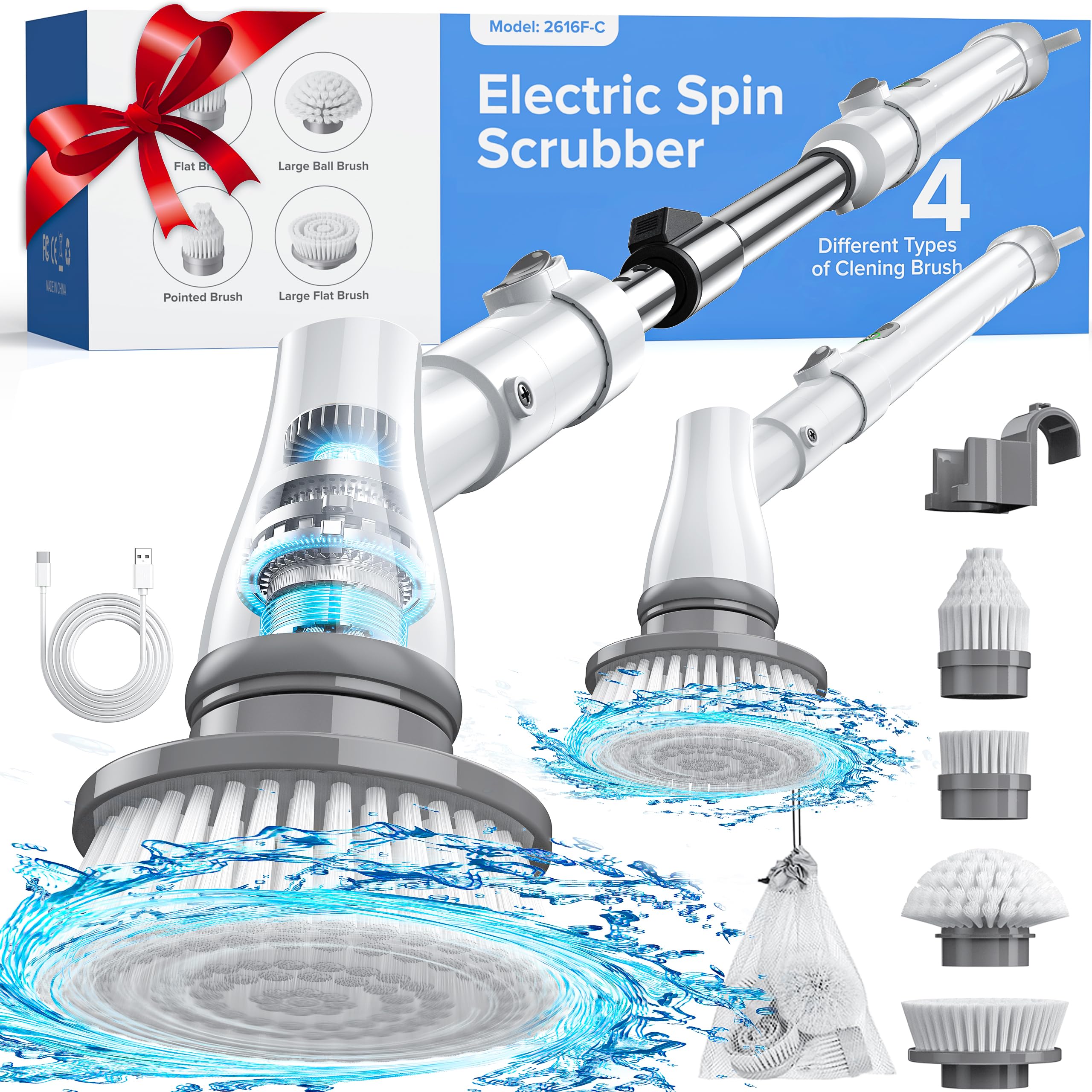 Electric Spin Scrubber with Battery Power Display, Fast-Charging Cordless Shower Scrubber with Long Handle, 4 Replaceable Brush Head, 1.5H &amp; 2 Speeds Electric Scrubber(Grey)