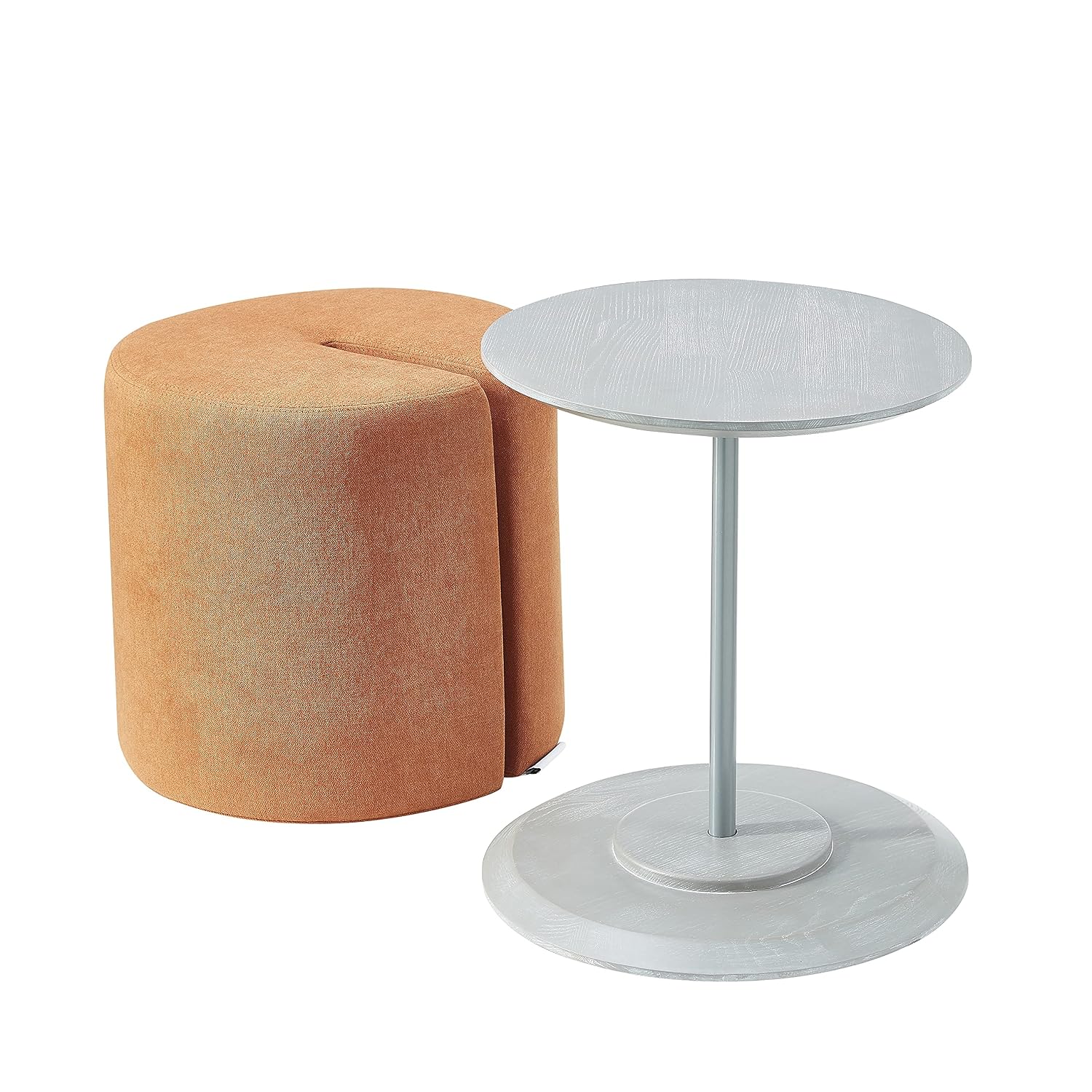 Furniture Accent Table and 18 in Round Nesting Ottoman, Modern Upholstered Fabric Chair, Small Ashwood Table for Living Room, Bedroom, Home and Office, Orange (2-Piece Set)