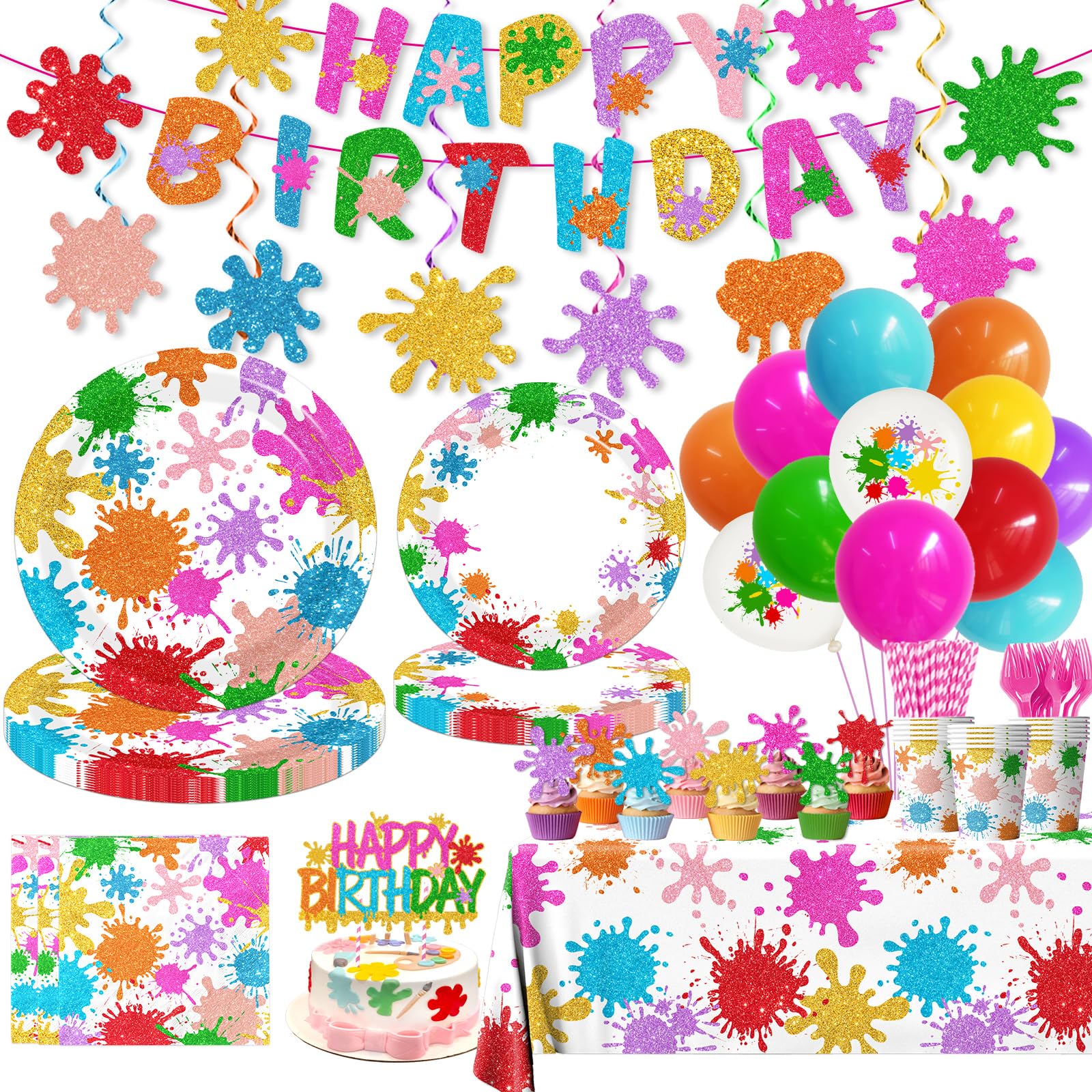 Paint Party Decorations 215Pcs Paint Splatter Party Supplies Art Party Decorations Plates,Napkins,Cups,Balloon,Cake Topper,Tablecloth for Art Painting