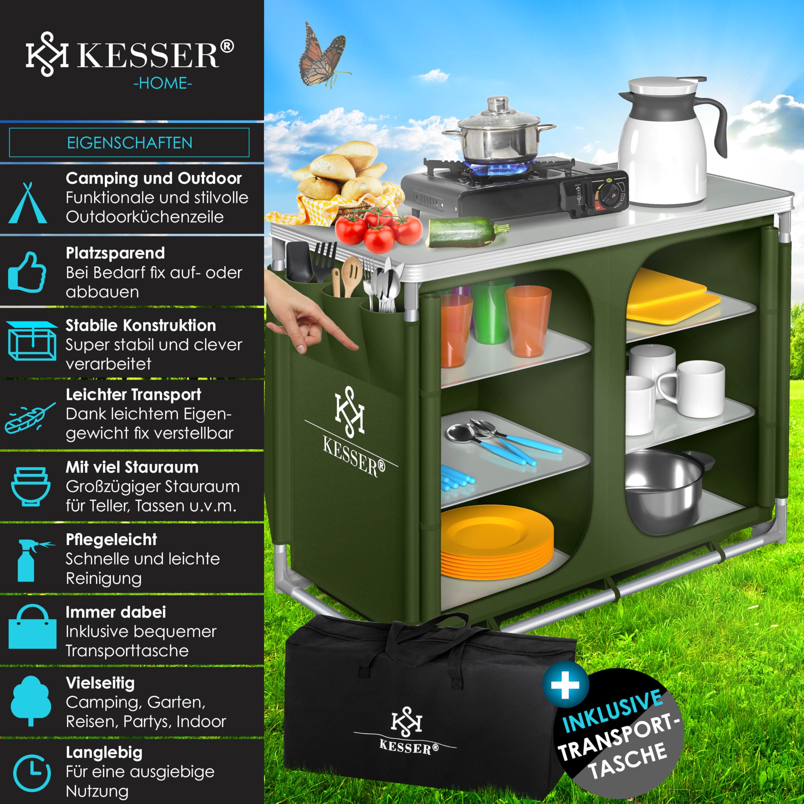 KESSER® Cucina da campeggio, con borsa per il trasporto e set di bicchieri, armadietto da campeggio pieghevole, con struttura in alluminio, cucina da viaggio, armadietto da campeggio, cucina