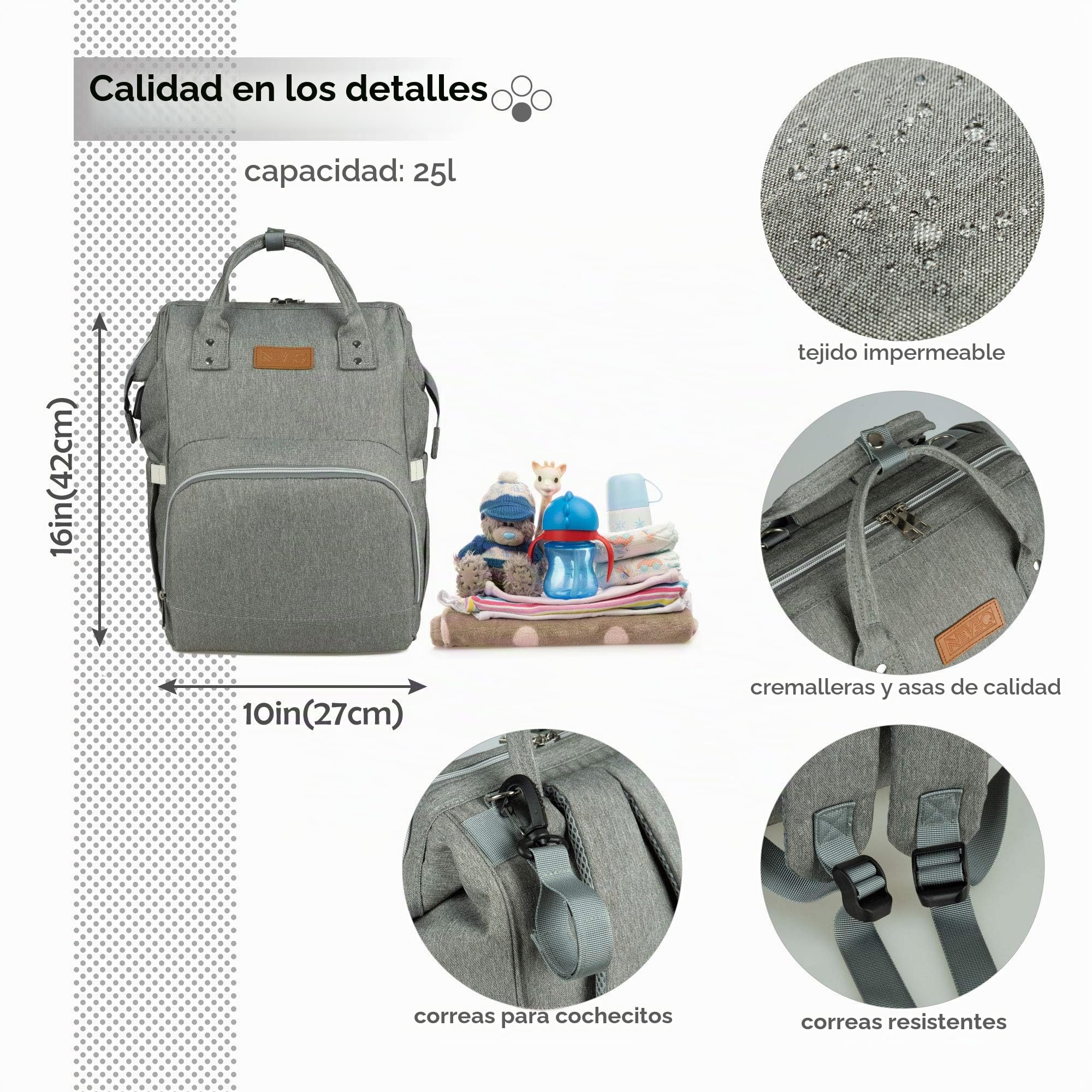 Mochilas de Pañales para Bebé, Maternal Bolso Multifuncional con USB de Viaje, Gran Capacidad, Impermeable (Gris)