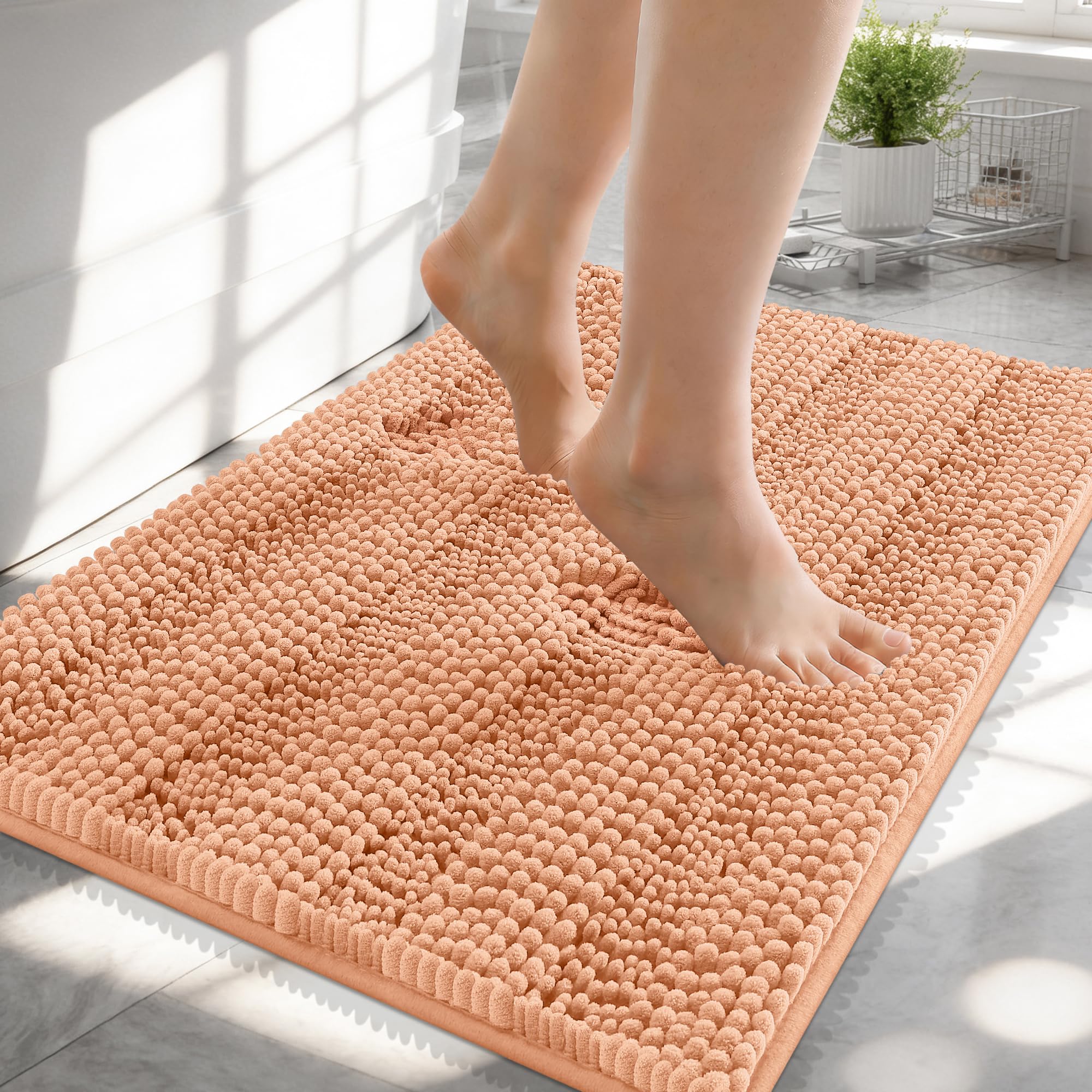 OLANLY Thick Small Bathroom Rugs 24x16, Soft Chenille Bath Rugs, Peach