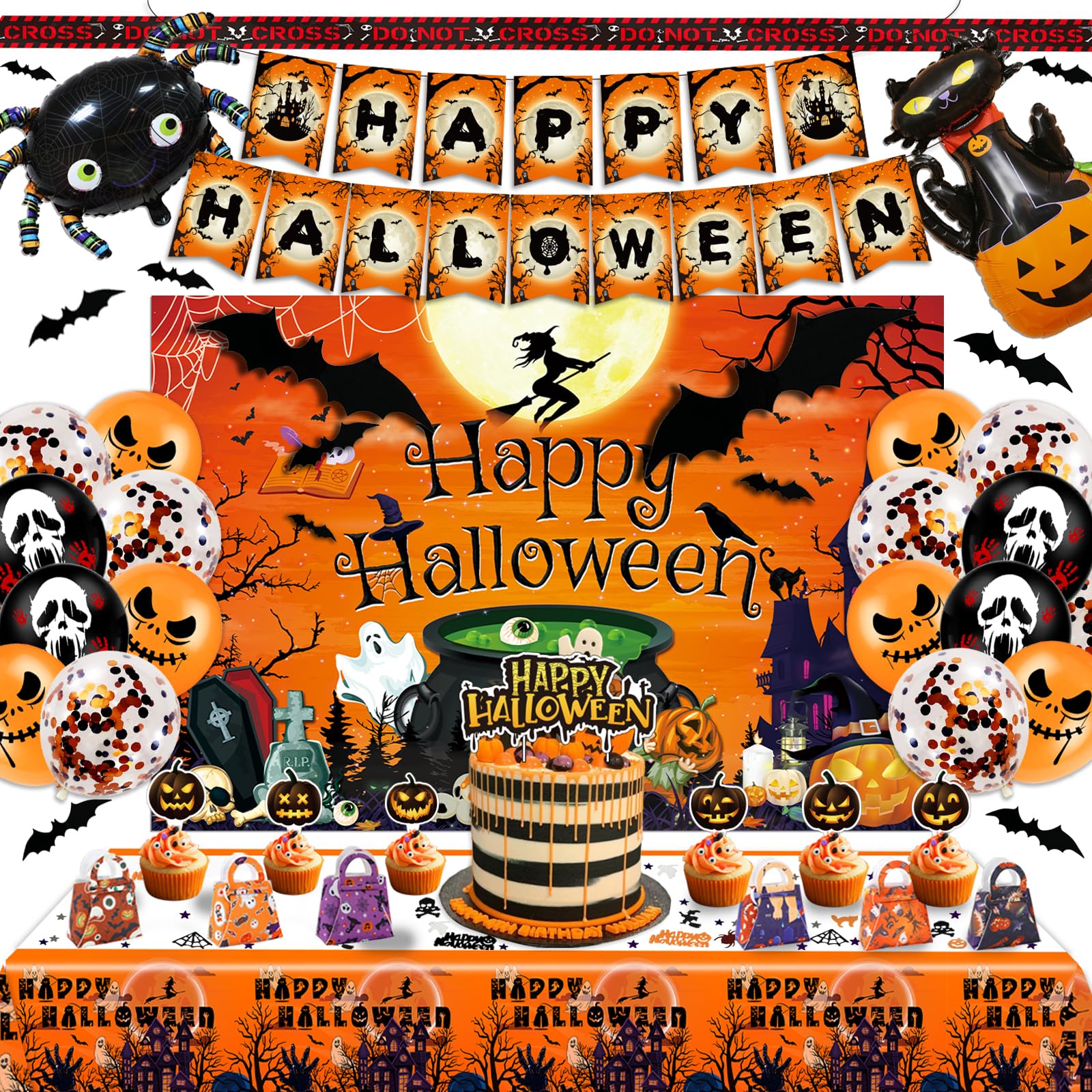 Halloween Party Decorations Kit, 120 Pcs Halloween decoration Party Pack, Halloween Party Supplies Set - Happy Halloween Banner Backdrop Treat or Trick Goodie Bags Multi Balloons Bats Wall Decor