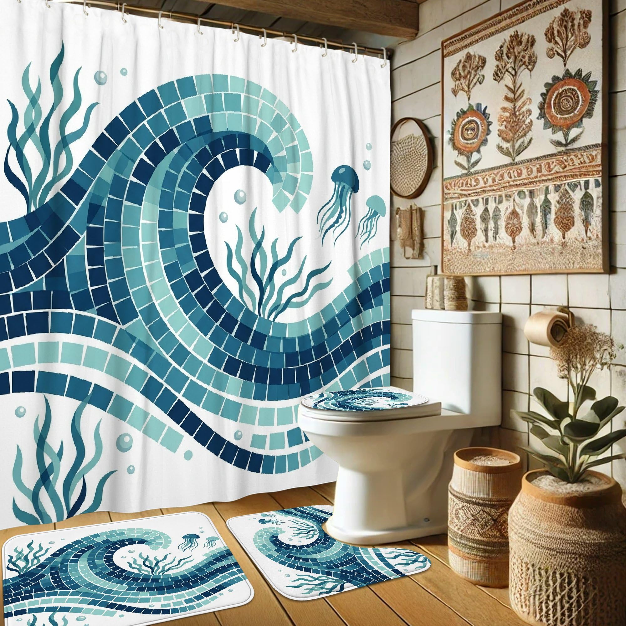 Rideau de douche imperméable anti-moisissure vagues bleu sarcelle