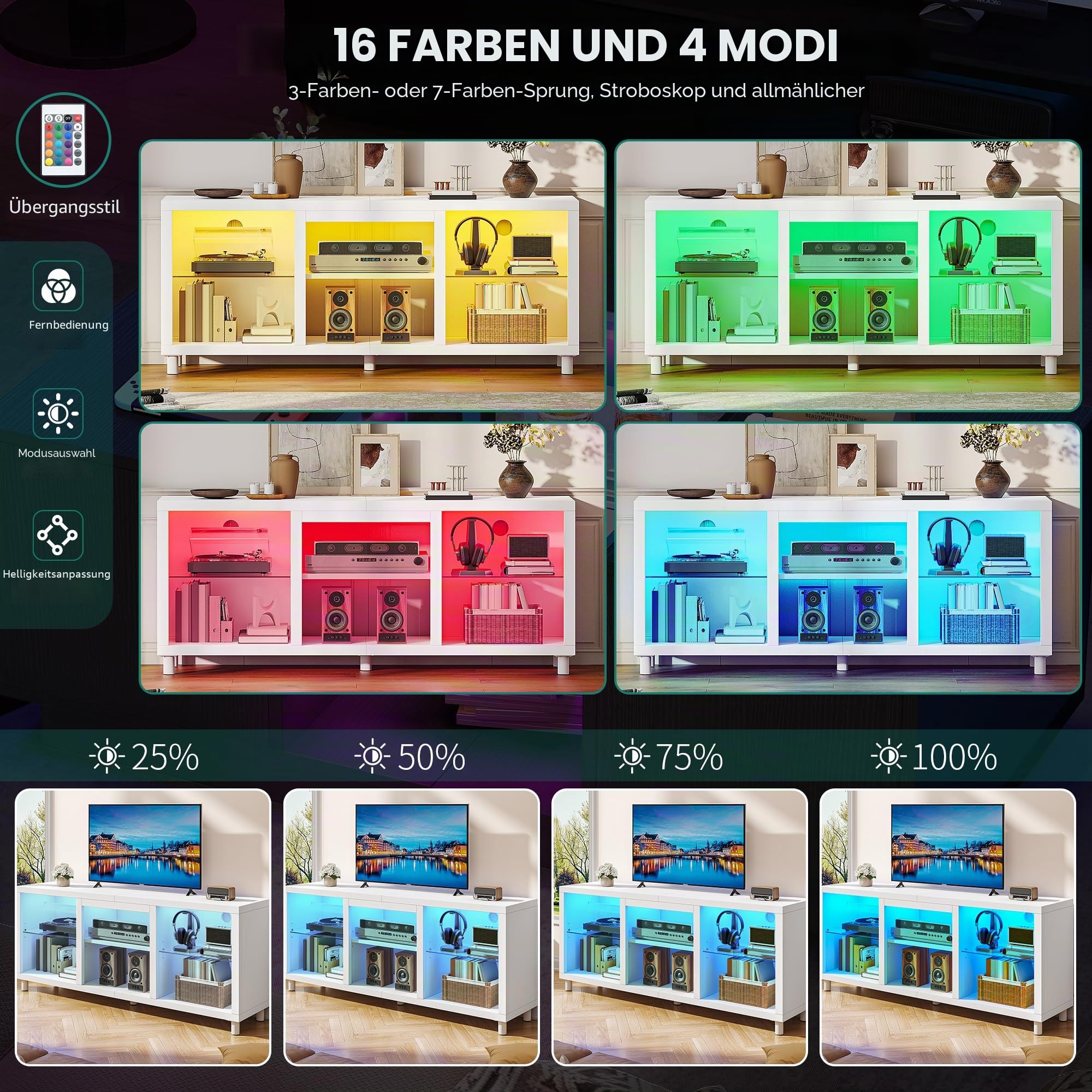 YITAHOME TV Schrank, Lowboard für 65 Zoll & kleinere TVs mit RGB LED-Beleuchtung, 148cm TV Board mit verstellbaren Glasböden, integriertes Kabelmanagement, Fernsehtisch für Wohnzimmer (Weiß)