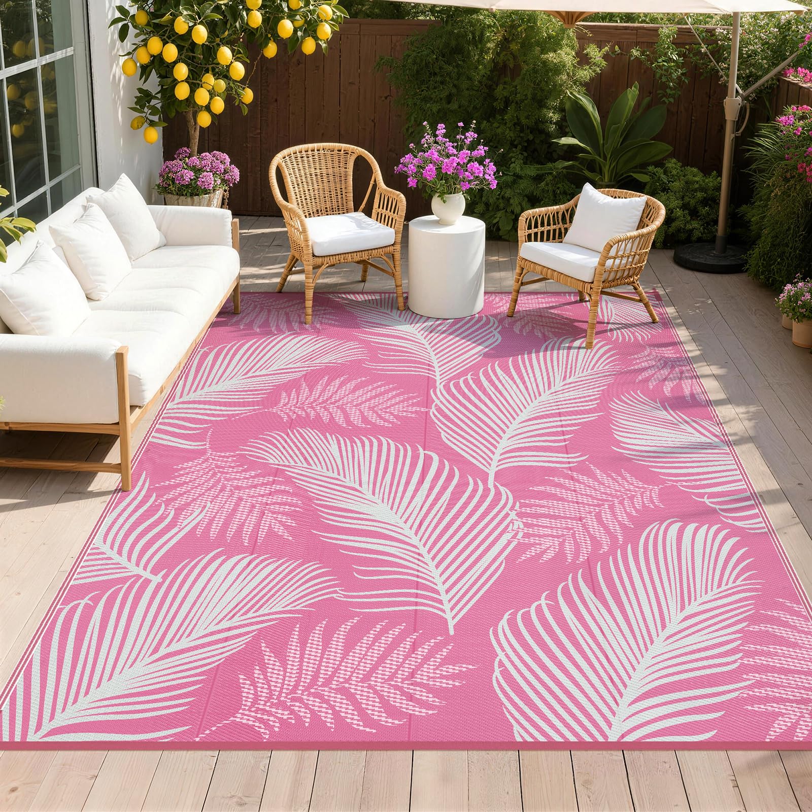 Pauwer Waterproof Outdoor Rug 8x10, Reversible Plastic Straw Patio Camping Rug, Indoor Outdoor RV Mat Carpet for Deck, Camper, Porch, Balcony, Backyard, Picnic, Leaf Pink โ image 1