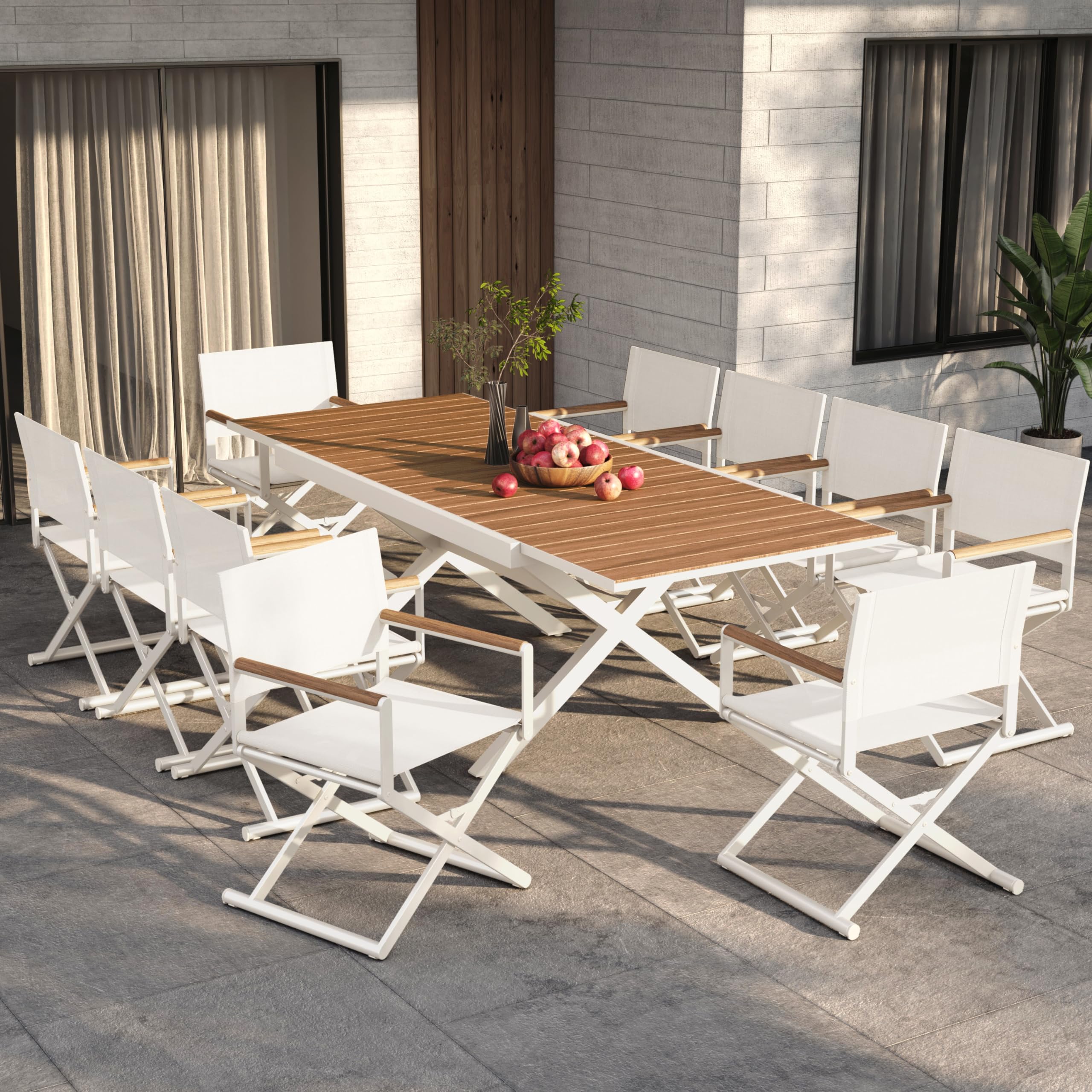 Grand patio 11-Piece Outdoor Dining Set, 10 Extra-Wide Folding Chairs & 1 Rectangle Expandable Table for 6-8 Person, Sling Mesh Patio Chairs with Wood Grain Table for Yard, Poolside, Deck, ApricotGlobal Recycled StandardGlobal Recycled StandardGlobal Recycled Standard