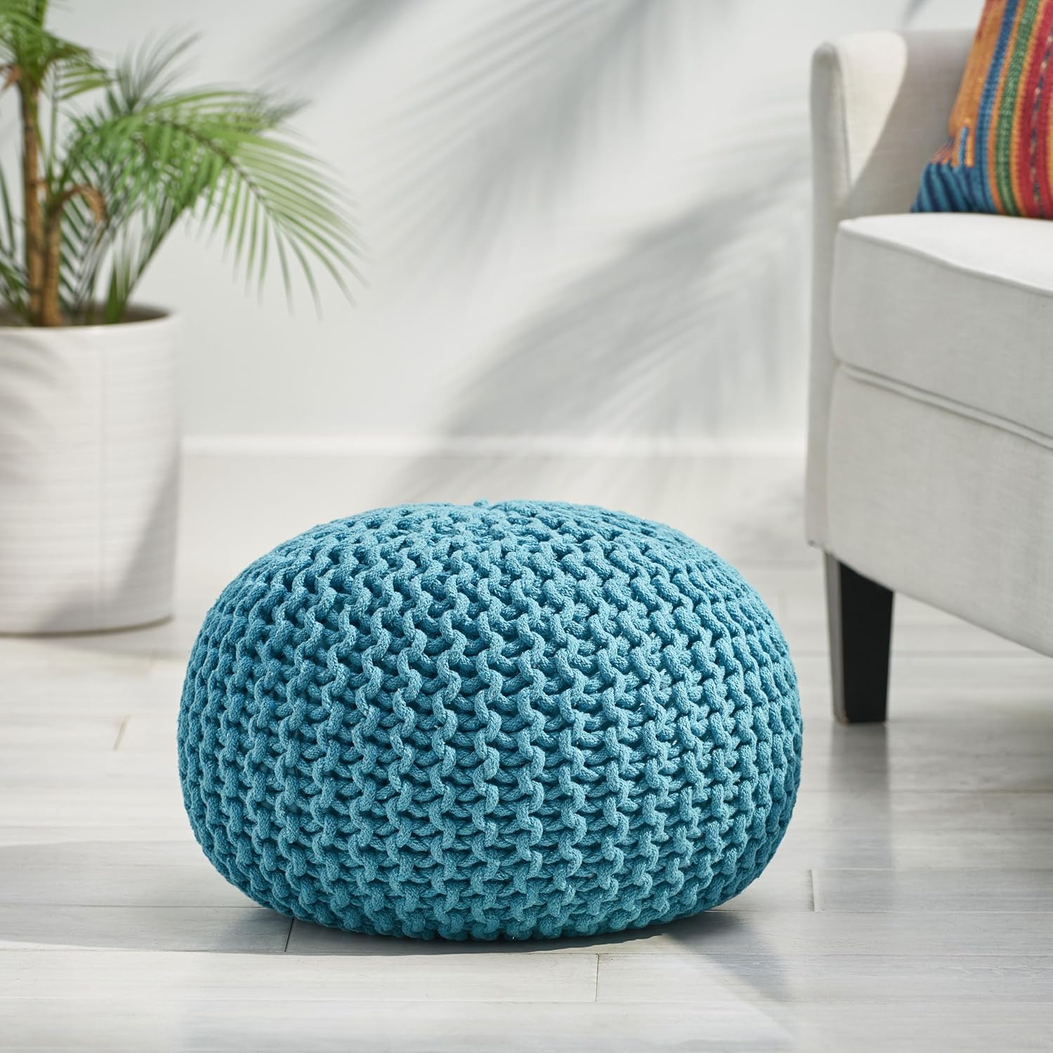 Hand Crocheted Pouf Ottoman: Boho Chic Round Footstool for Living Room - Soft Cotton Decor Accent & Extra Seating for Adults