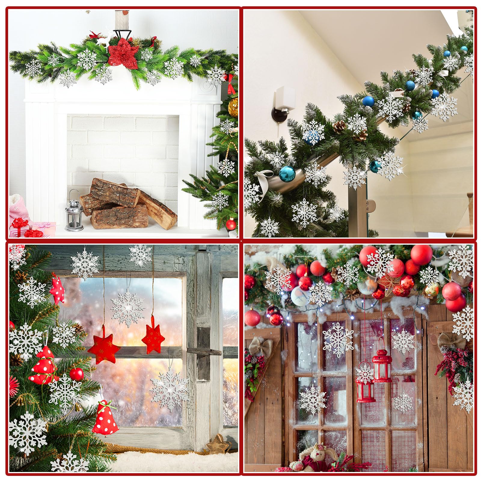 Hungdao 96 Stück Weihnachts-Glitzer-Schneeflocken-Ornamente aus Kunststoff, Weihnachtsbaumschmuck, hängende Schneeflocken mit Seil in 3 Designs für Weihnachten, Urlaub, Neujahr, Winterparty (weiß)