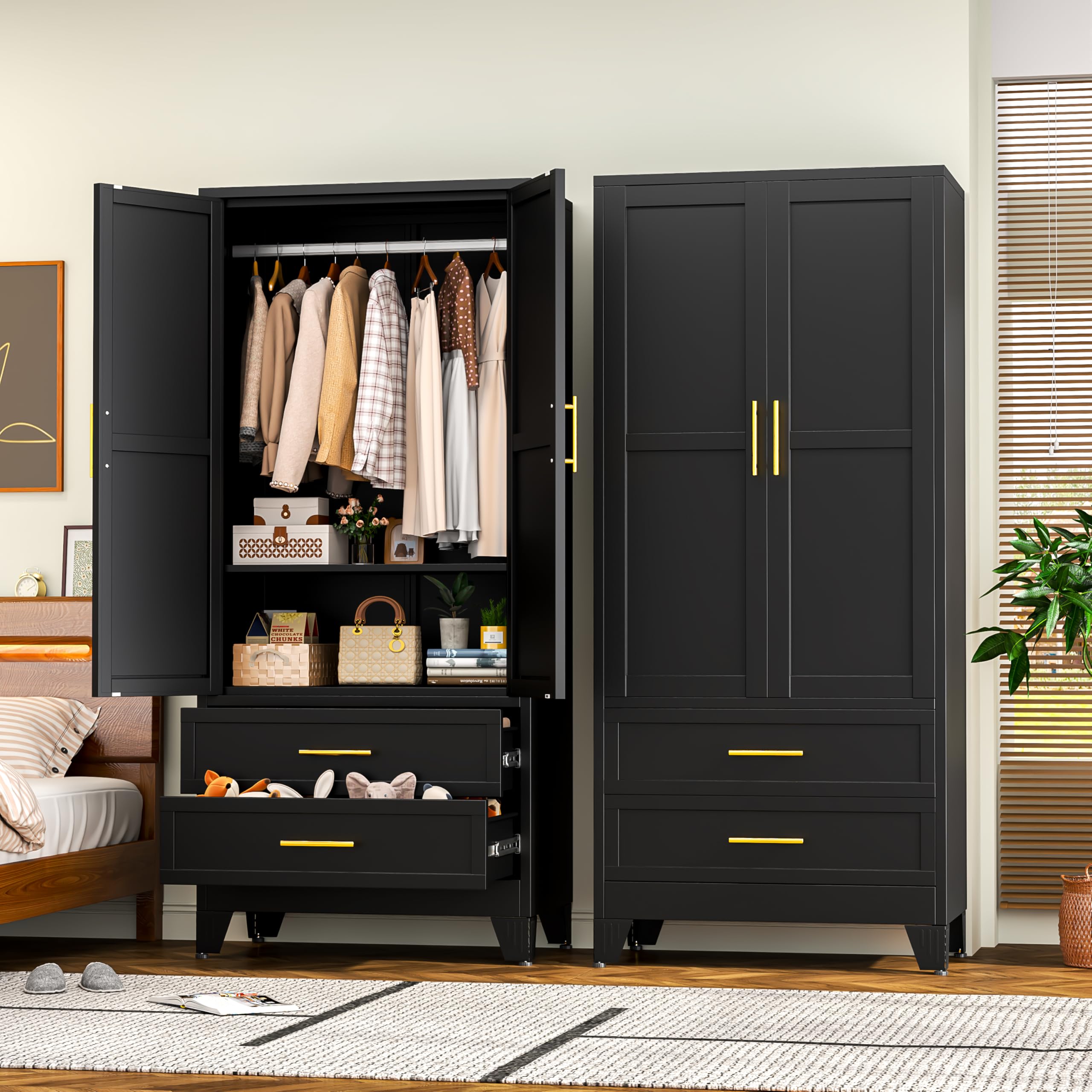 RIETERN Metal Armoire Wardrobe Closet, 71" Tall Bedroom Closet with 2 Drawers, Adjustable Shelves, and Hanging Rod, Steel Clothes Closets and Storage, for Bedroom Black
