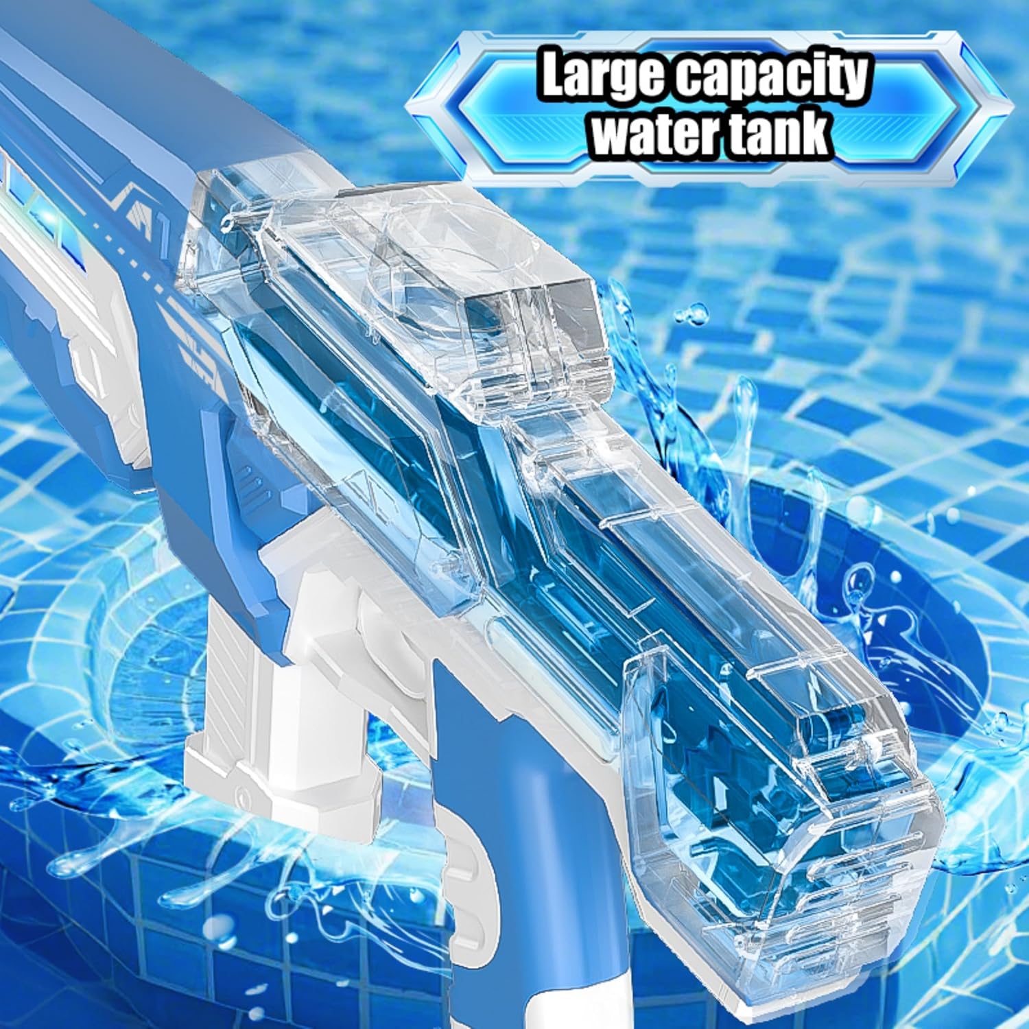 Max Electric Water Gun for Adults & Kids – 16.5" Large Automatic Blaster with Fast Auto Suction, 40ft Long Range, Pulse Light Strip, External Water Bottle, Rechargeable (Blue)