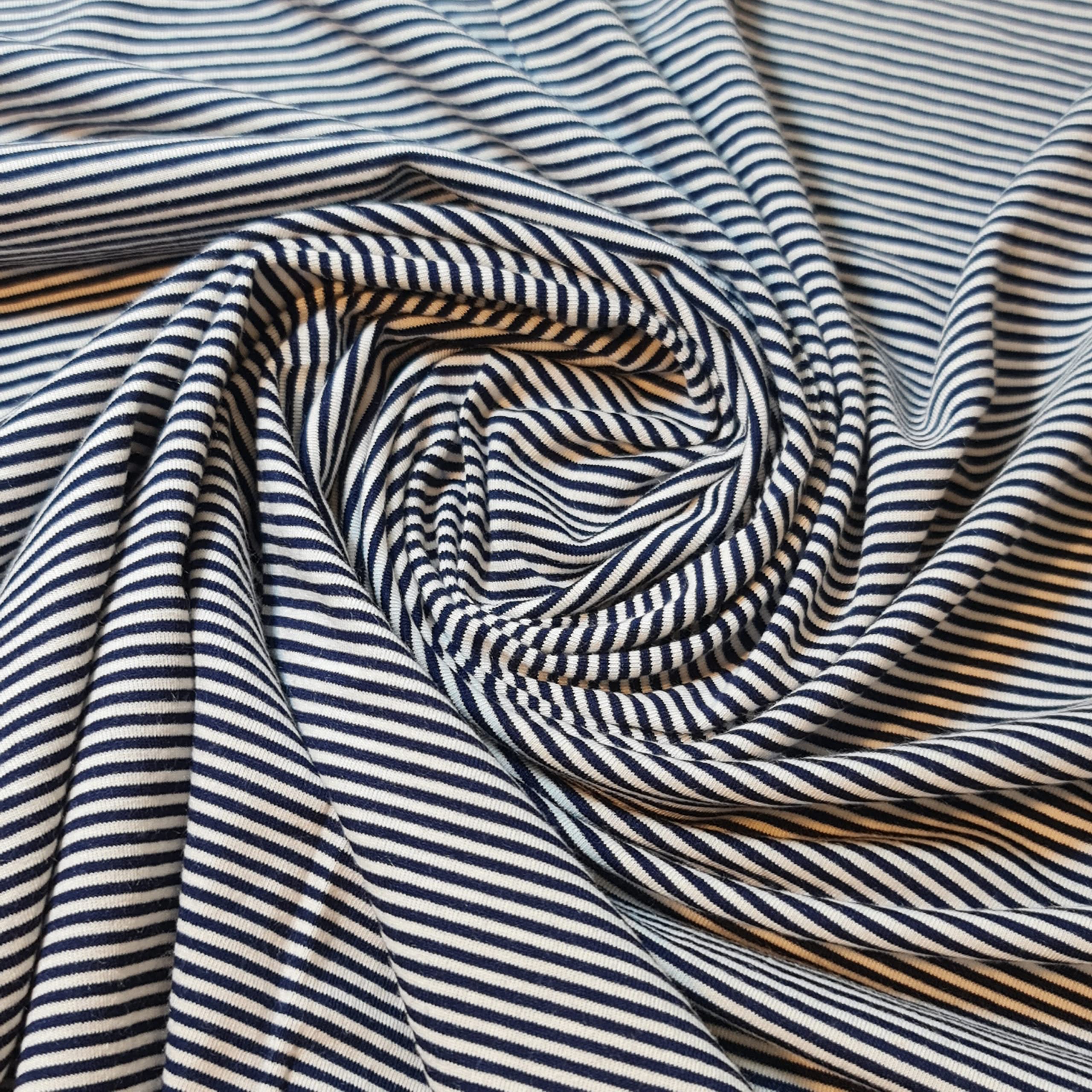 Soft Printed Cotton Jersey Stretch Knit Fabric - Ideal for T-Shirts, Babywear, Dressmaking & Crafts, White Navy Pinstripe, Meter