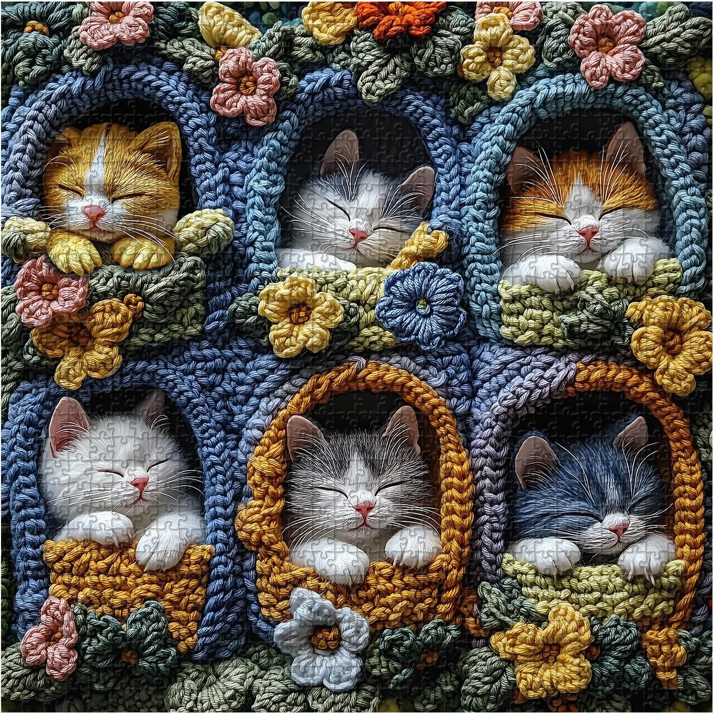 Cat Puzzles for Adults 1000 Pieces, PICKFORU Cute Kitten Puzzle Wildflowers Embroidery, Difficult Animal Flower Art Theme as Wall Decor