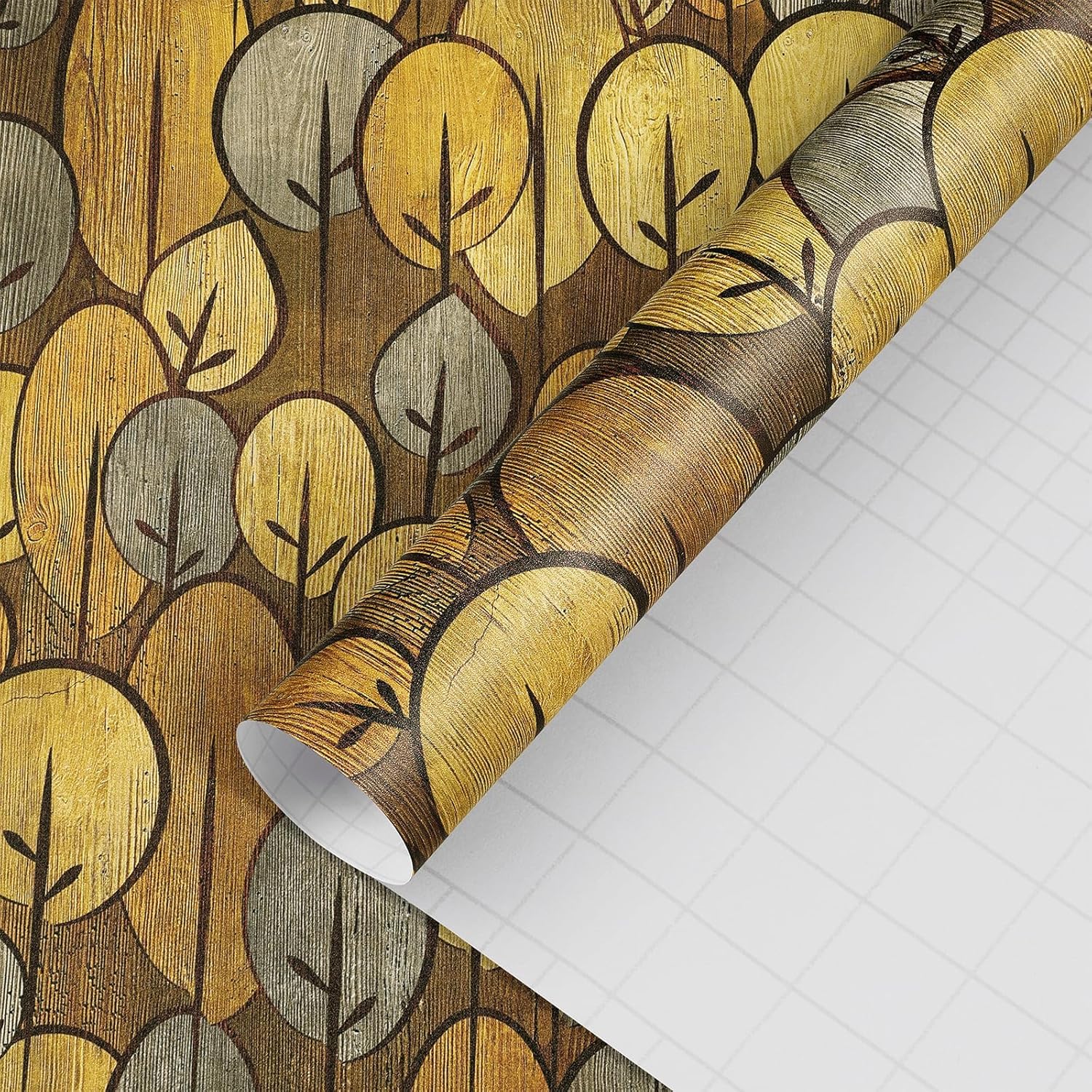 Yellow Tree Peel and Stick Wallpaper Abstract Tree Wallpaper Waterproof 17.5"×236" Self Adhesive Brown Cartoon Trees Wall Paper Peel and Stick Contact Paper for Cabinets and Drawers Bedroom