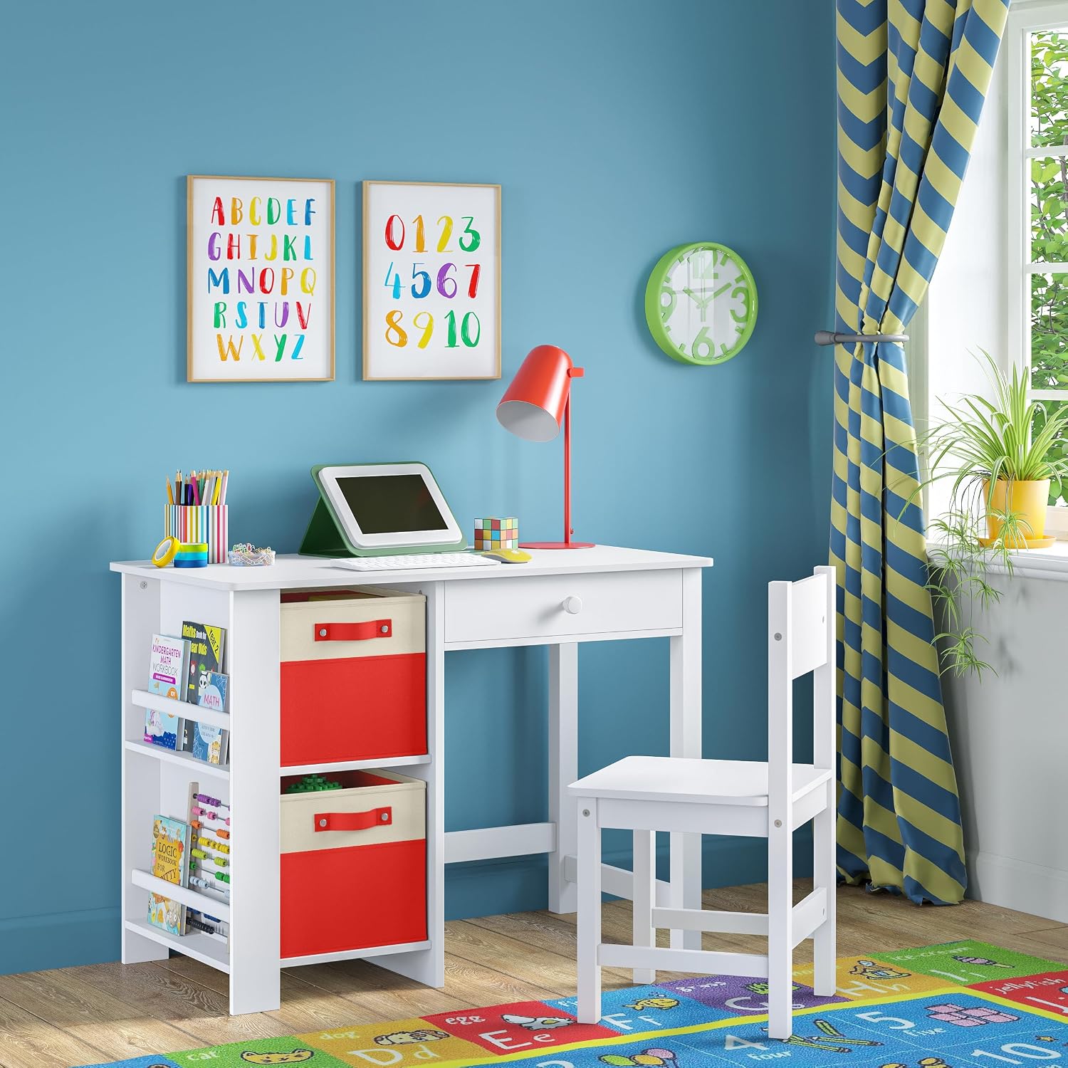 RiverRidge Kids Chair and Desk Set with Storage Cubbies, Drawer & Bookracks - Art Table Desk for Bedroom Table with 2 Folding Fabric Red Storage Bins