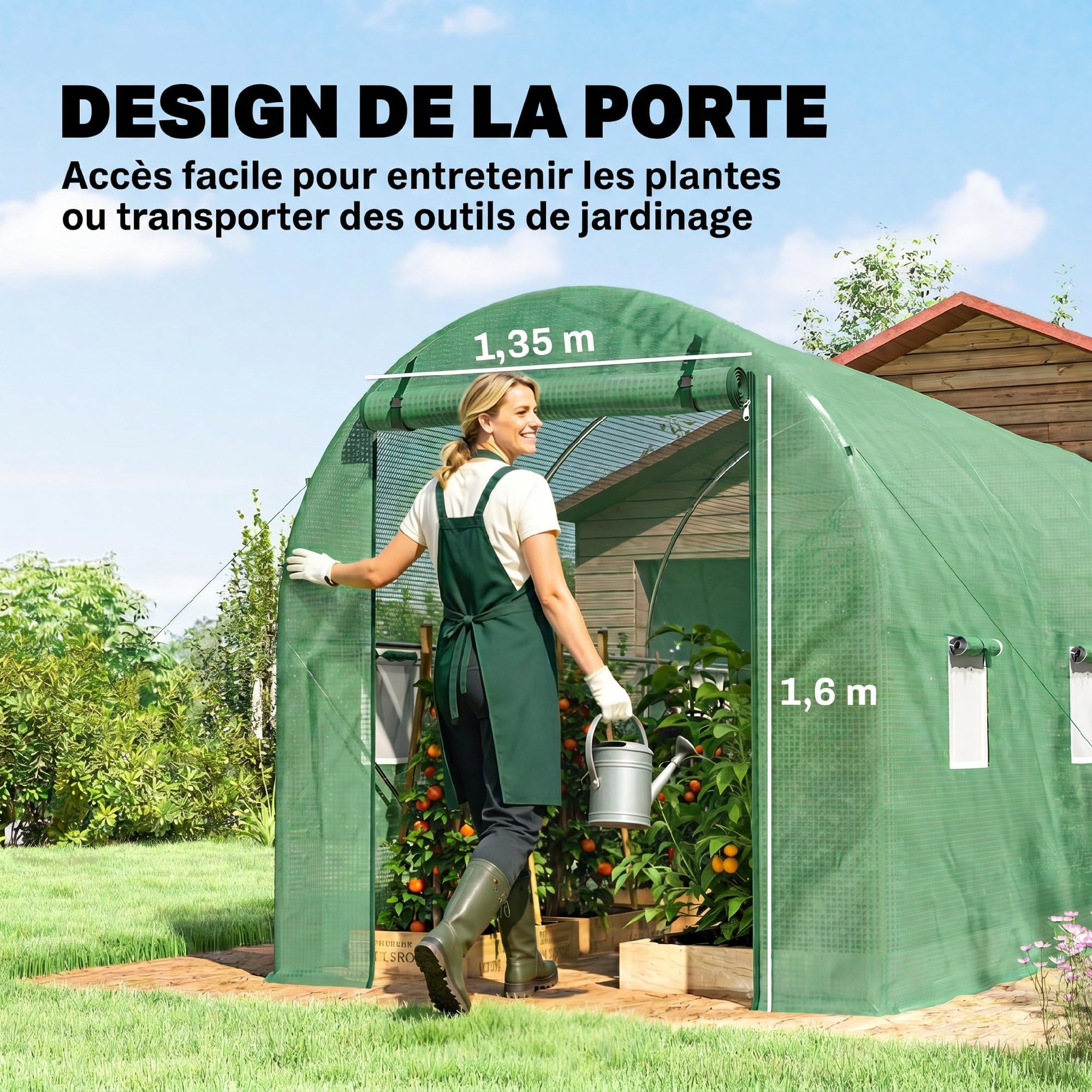 Outsunny serra a tunnel 4x2x2 m, porta arrotolabile, verde, camminabile