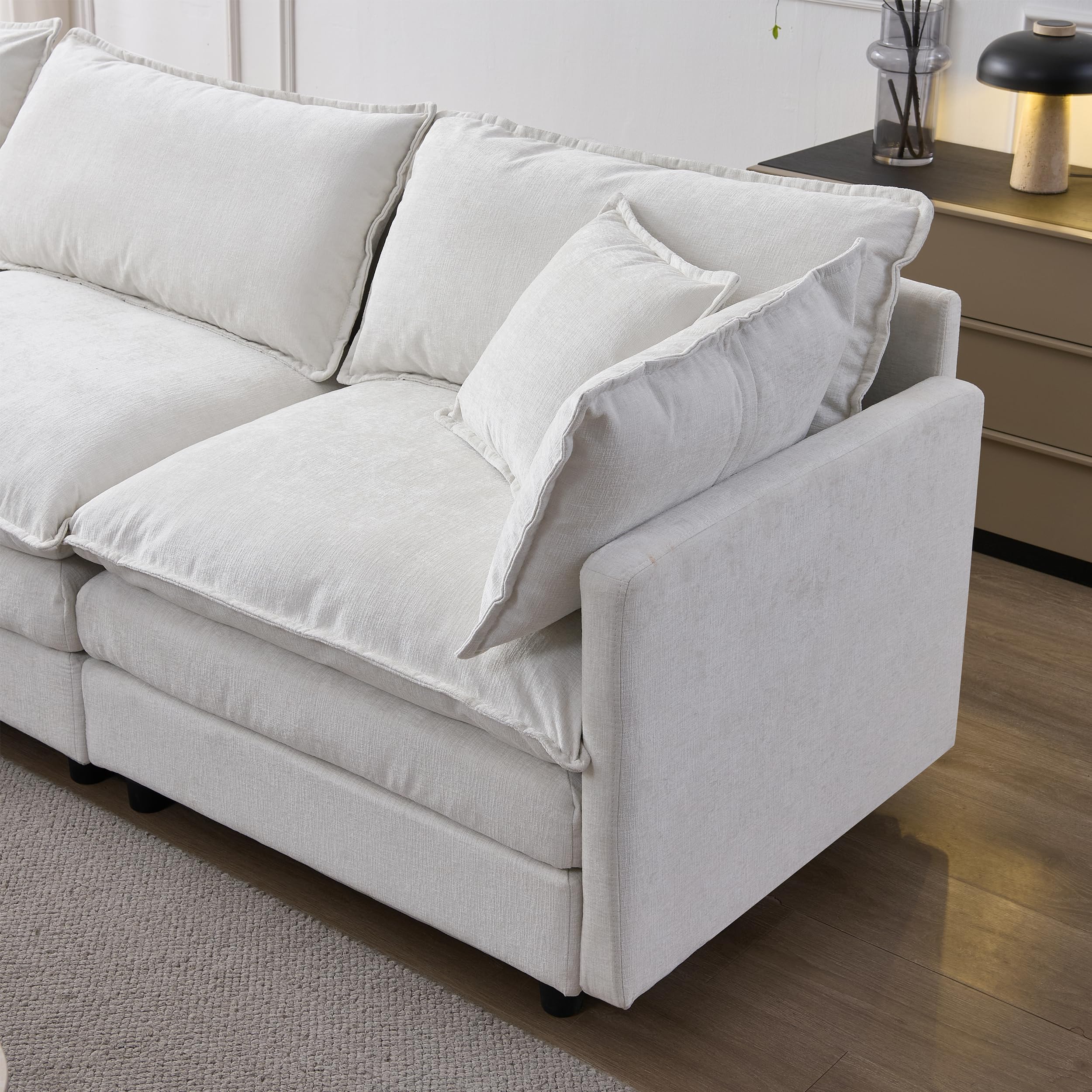 Muskel Sofá esquinero modular de chenilla premium, sofá de 3 plazas en forma de L con chaise longue y taburete, para apartamentos pequeños, sala de estar y salón, cómodo sofá de salón