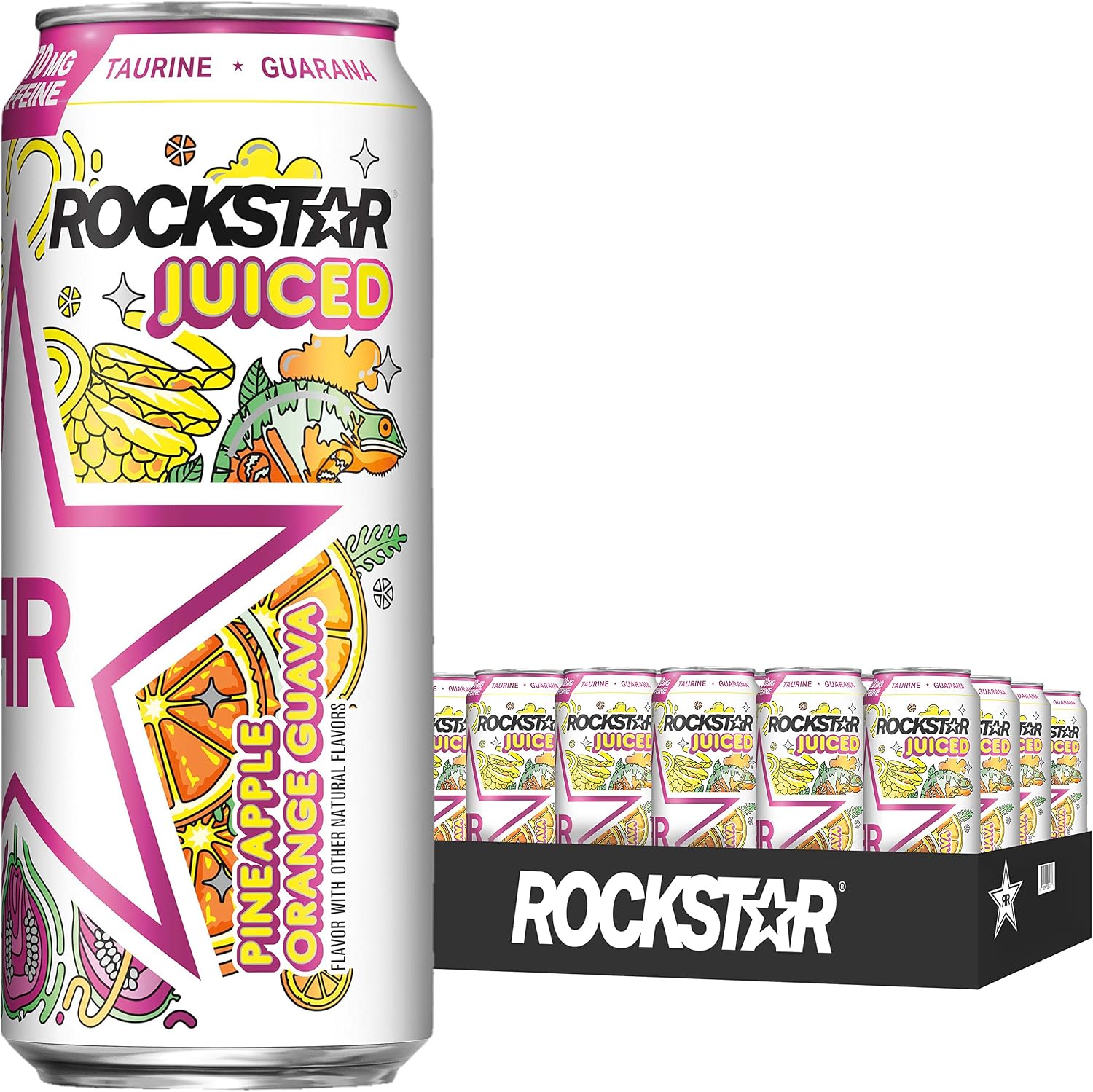 Rockstar Juiced Energy Drink, Pineapple Orange Guava, with Caffeine and Taurine, 16oz Cans (24 Pack) (Packaging May Vary)
