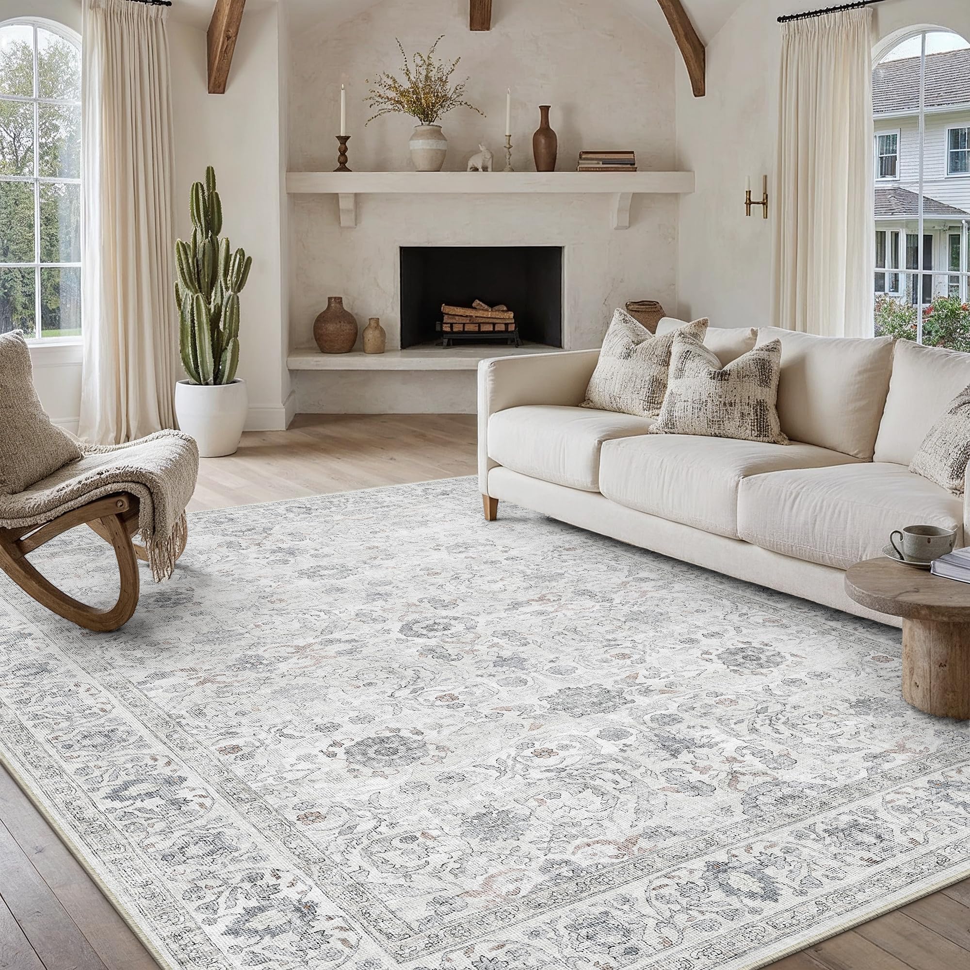 PureCozy Large Washable Grey Rugs for Living Room 200x300cm, Extra Large Area Rug, Machine Washable,Short Pile Carpet for Kitchen, Office, Dining Room Playroom Indoor