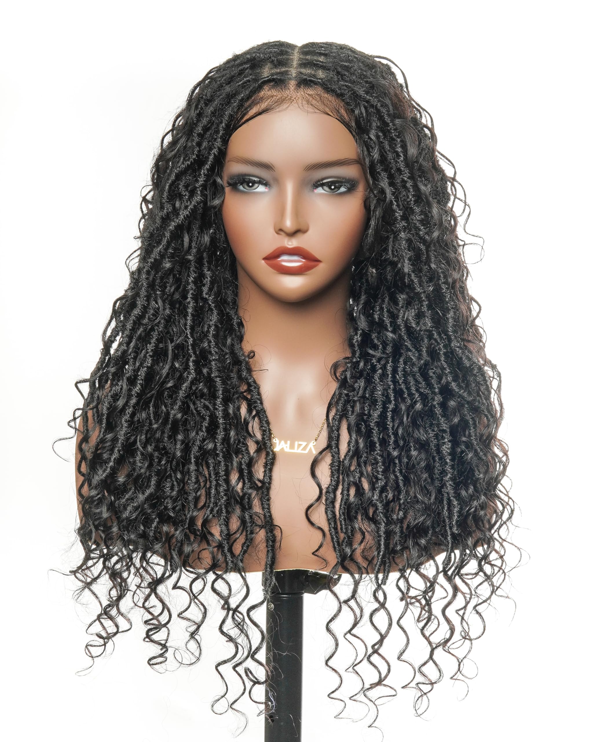 JALIZA 24'' Knotless Boho Locs Braided Wig for Black Women, 100% Hand-Tied HD Full Lace Human Hair Curls, Square Base 79 Strands, Front & Back Baby Hair, Lightw