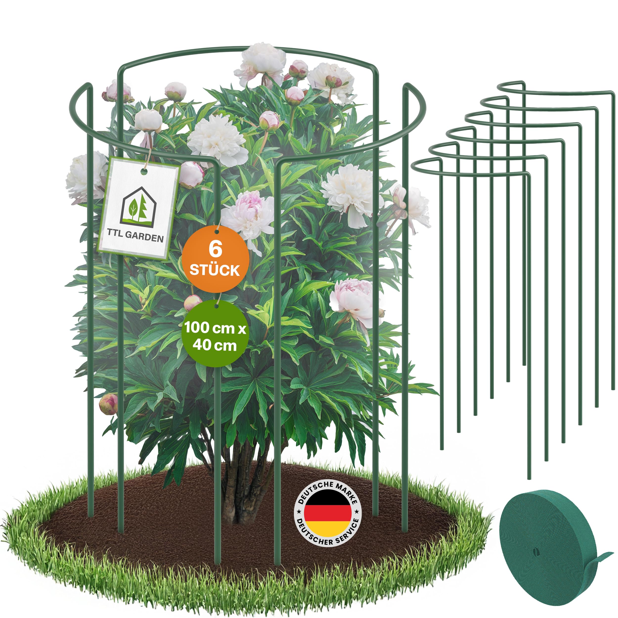 TTL GARDEN Supporto per arbusti, 100 cm x 40 cm, set da 6 pezzi + velcro, supporto per piante in acciaio inossidabile rivestito in plastica, supporto per piante, supporto per fiori, ortensie, rose