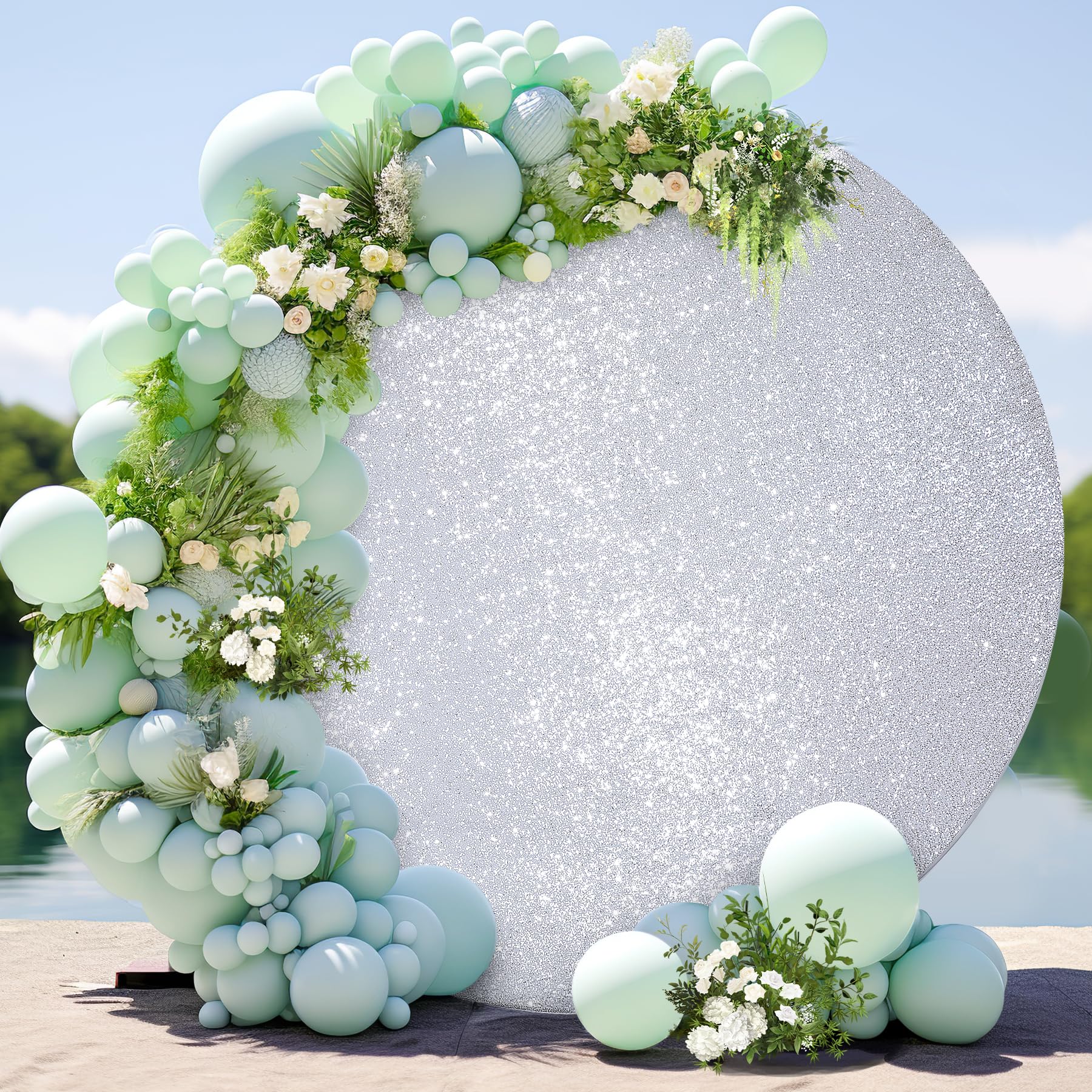 6.5FT Silver Sequins Round Backdrop Cover - Sparkly Glitter Design, Adjustable for 5-6.5ft Round Arch Stands, Fitted Circle Balloon Arch Cover for