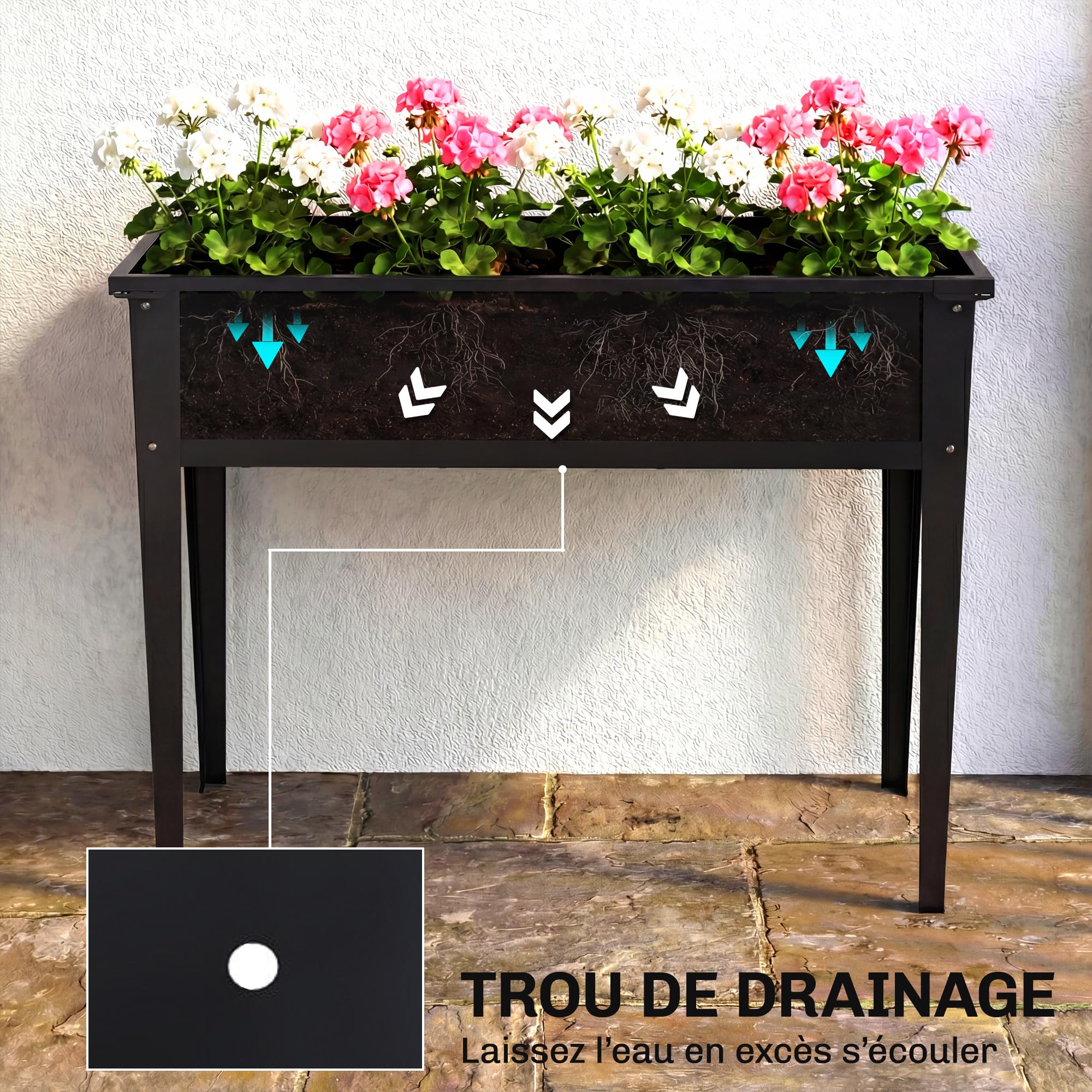 Outsunny Potager sur Pieds en Métal Trou de Drainage 100 x 40 x 80 cm Noir | Jardinière Surélevée 80L, avec Bords Arrondis, Carré Potager Surélevé pour Plantes Fleurs Légumes