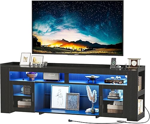 Miniatura 9 de IRONCK Soporte de TV para televisores de hasta 75 pulgadas con estación de carga, centro de entretenimiento LED, moderna consola multimedia de fibra