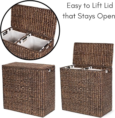 Miniatura 7 de Cesta de lavandería doble de gran tamaño con tapa, 2 forros incluidos, fibra de hierba marina tejida a mano, cesta de lavandería 2 secciones, lavado