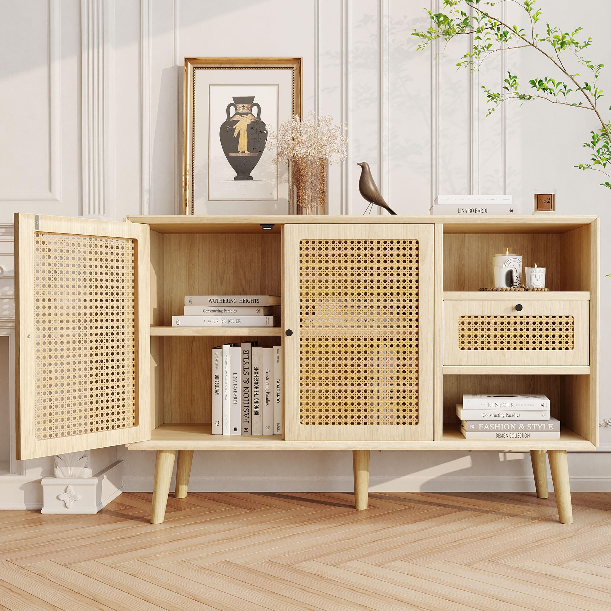 Kredens z plecionki rattanowej i dębu, komoda retro z 3 szufladami i 3 drzwiami przesuwnymi, szafka z nogami z litego drewna i regulowanymi półkami, do salonu i jadalni, 120 x 40 x 80 cm