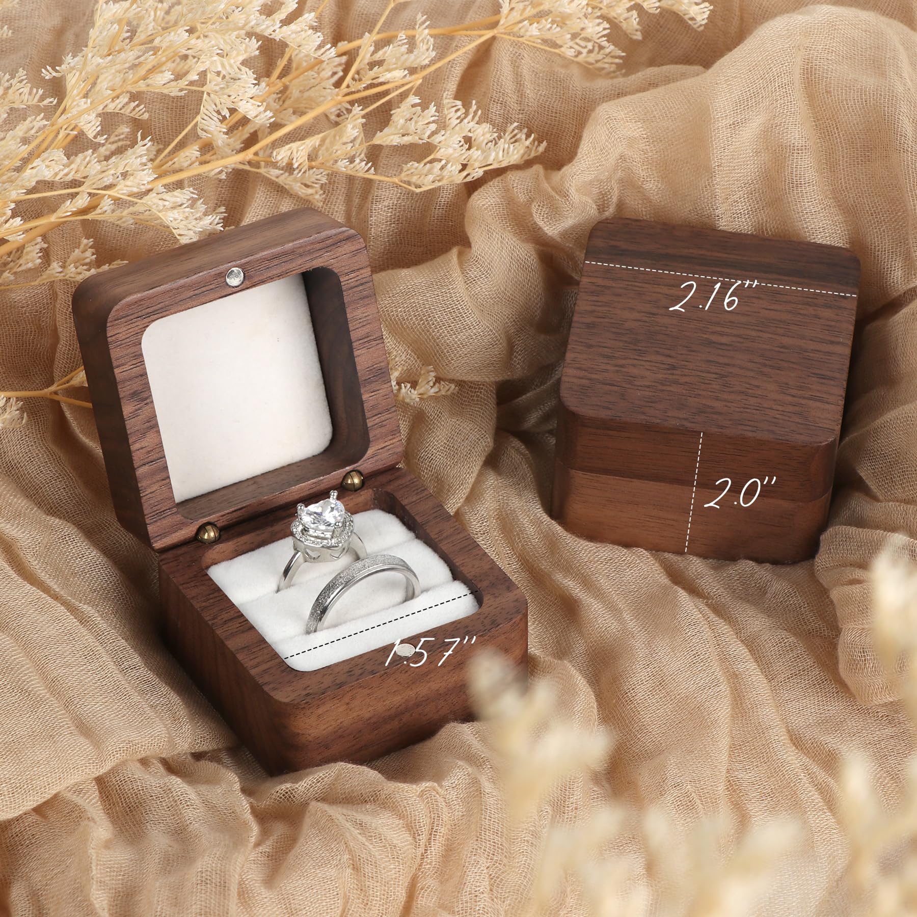 SLOZO Scatola per fedi nuziali in legno per 2 anelli, scatola per fedi nuziali per proposta, regalo per anello di fidanzamento per il giorno del matrimonio, scatola per anelli in legno fatta a mano,