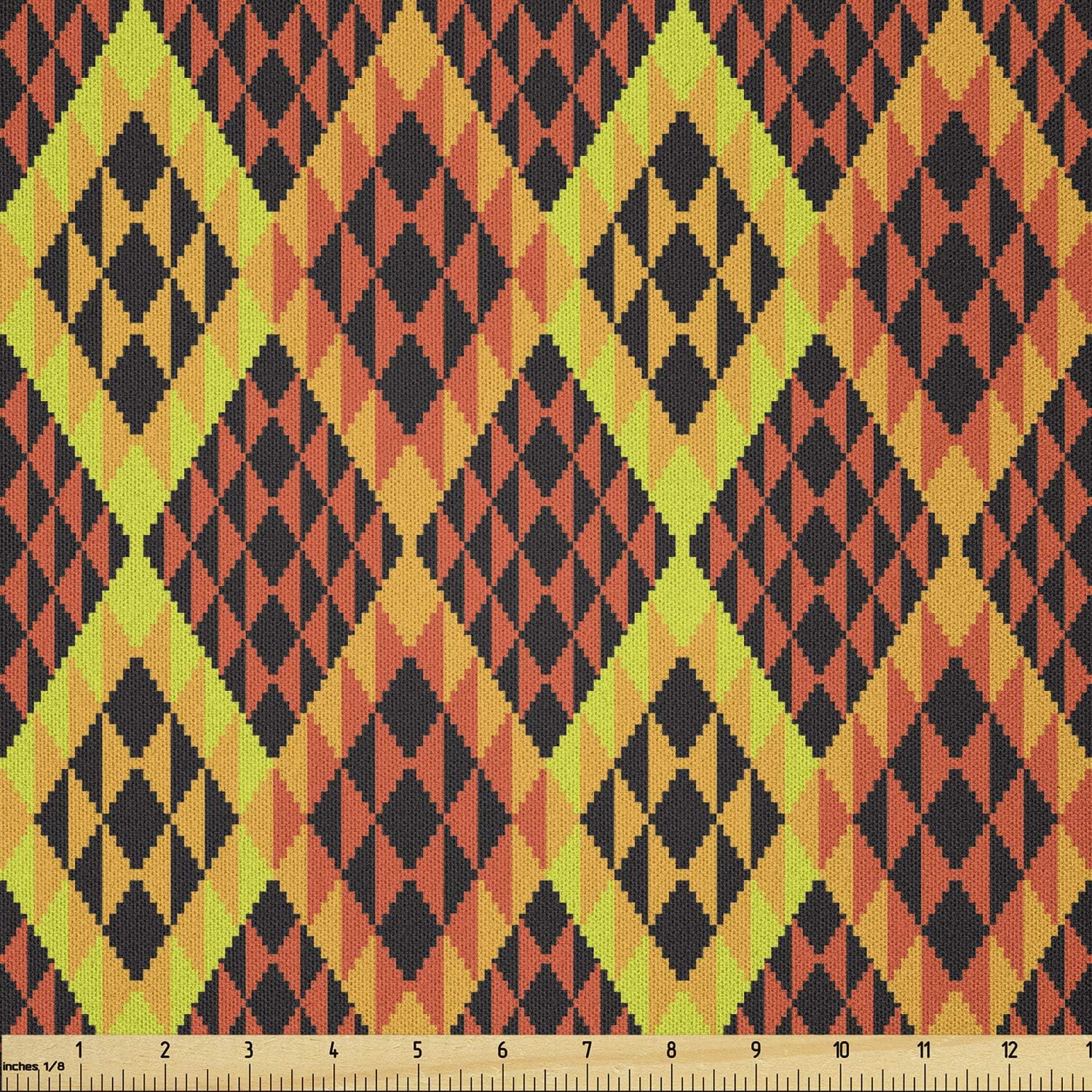 Ambesonne Ethnic Fabric by The Yard, Warm Colored Rhombus Pattern Design from Mexican Peruvian Cultures, Microfiber Fabric for Arts and Crafts Textiles & Decor, 1 Yard, Vermilion Yellow