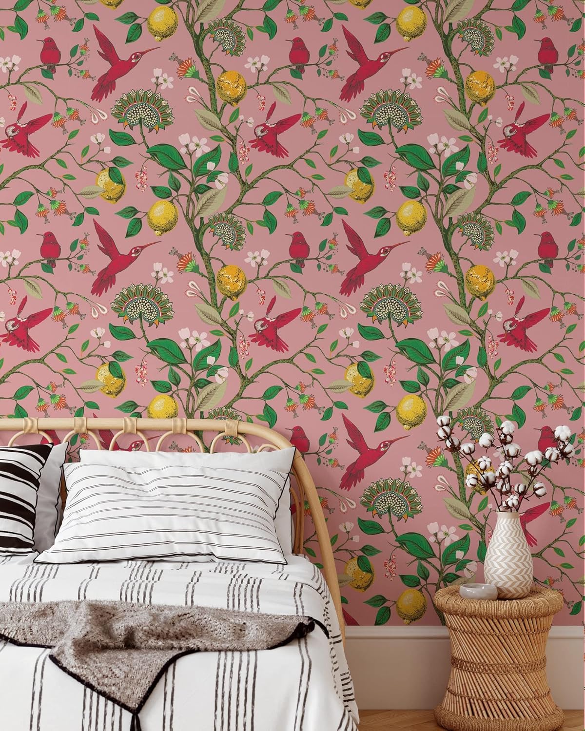 Pink Hummingbird and Lemon Tree Wallpaper | Removable Self Adhesive Birds Mural | Botanical Peel and Stick Wallpaper (1 roll 24" W x 96" H)