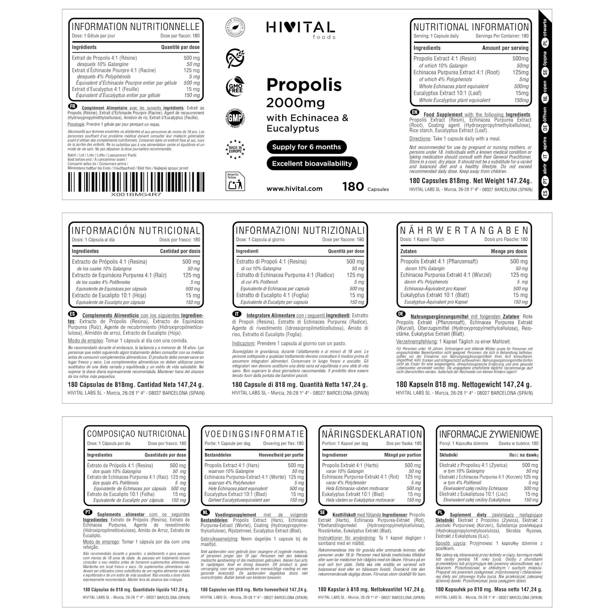 Propolis 2000 mg. 180 capsules pour 6 mois de traitement. Extraits de Propolis avec 10% de Galangine, d'Echinacée avec 4% de Polyphénols et d'Eucalyptus. Fabriqué en Europe par HIVITAL