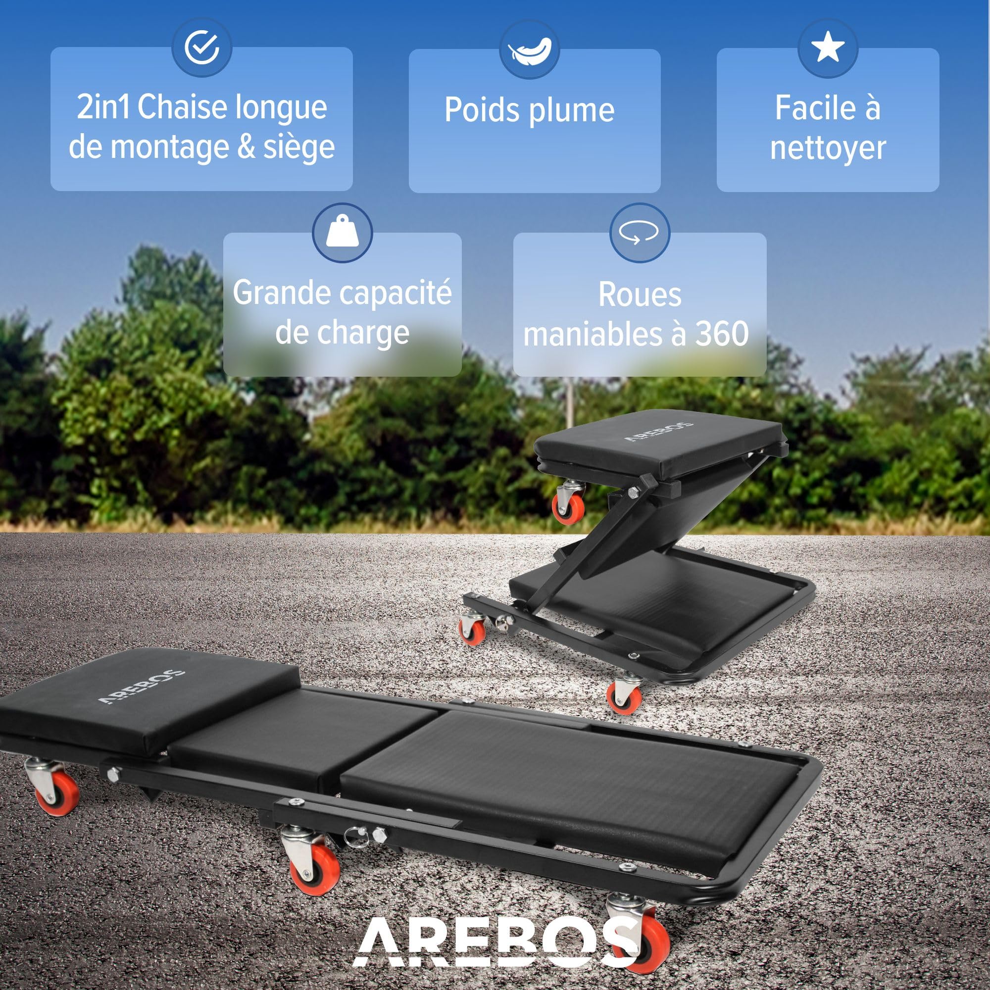 AREBOS Planche à roulettes de Montage 2 en 1 | capacité de Charge de 150 kg | 6 roulettes Mobiles | Rotation à 360° | Chariot d'atelier | siège à roulettes | Fonction Assise et couchée
