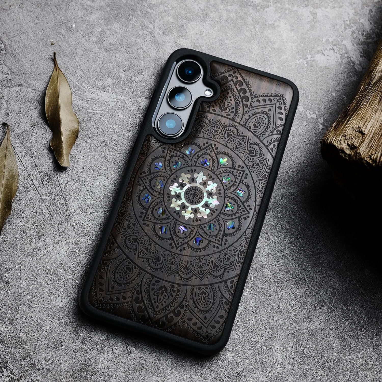 Carveit Designer Wooden Case for Samsung Galaxy S24 Case [Wood Engraving & Shell Inlay] Compatible with Wireless Chargers S24 Cover (Mandala Floral-Blackwood)