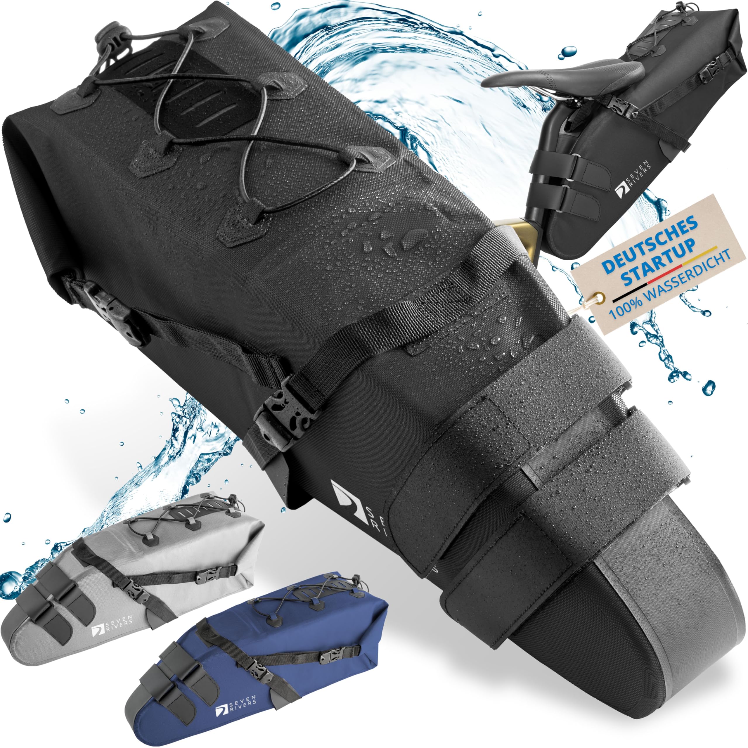 SEVENRIVERS® Bikepacking Saddle Bag, 100% Waterproof, Bicycle Bag for Saddle with Extra Strong Grip for Gravel Bike, Road Bike, MTB, 10 Litres, Black Sports & Outdoors