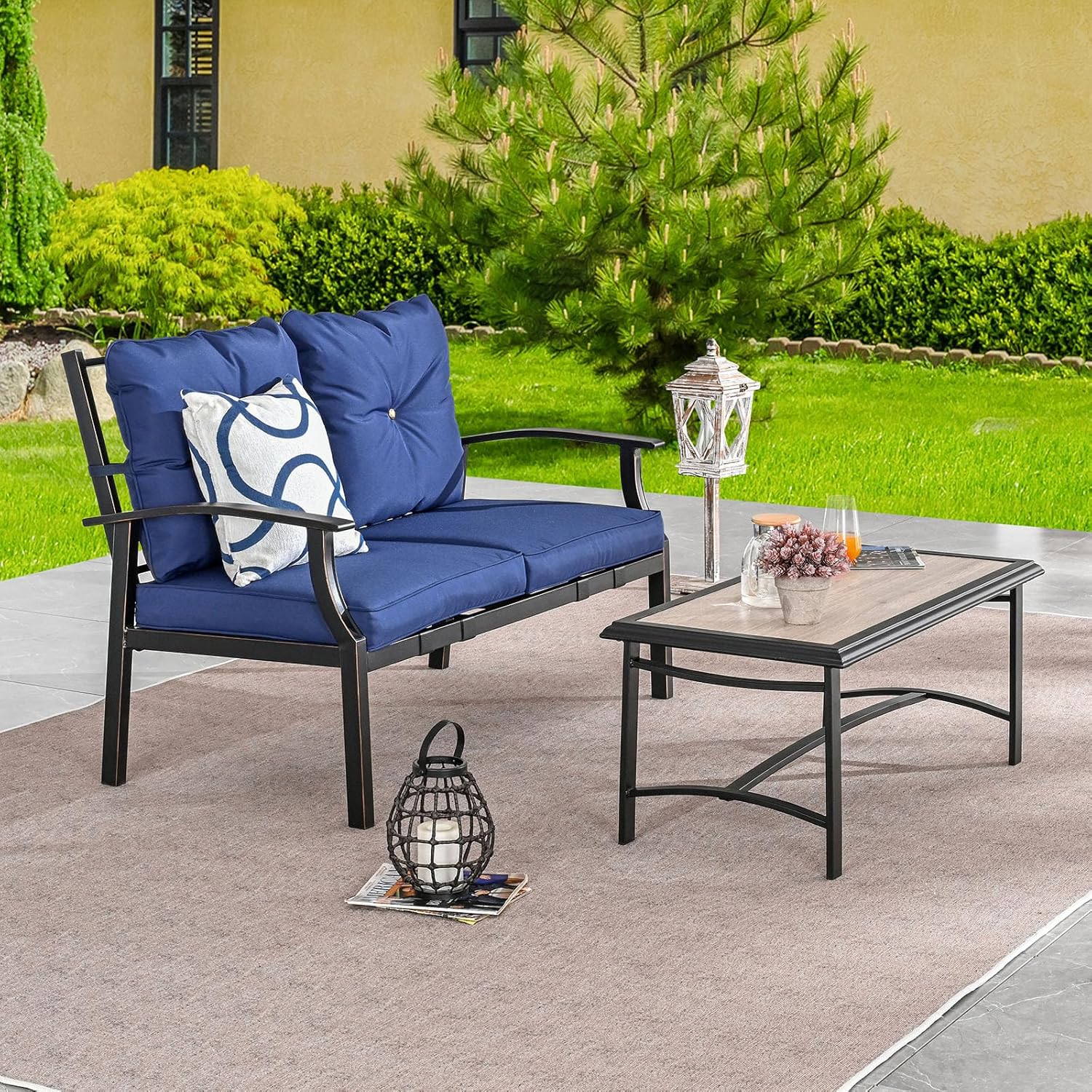 PatioFestival 2 Pieces Patio Loveseat with Coffee Table Outdoor Bench with Cushion,Patio Furniture Set for Garden, Balcony, Poolside(Bule)