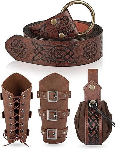 LEIFIDE Cinturón vikingo medieval de piel sintética, accesorios renacentistas, brazaletes de cuero vikingo, bolsa medieval