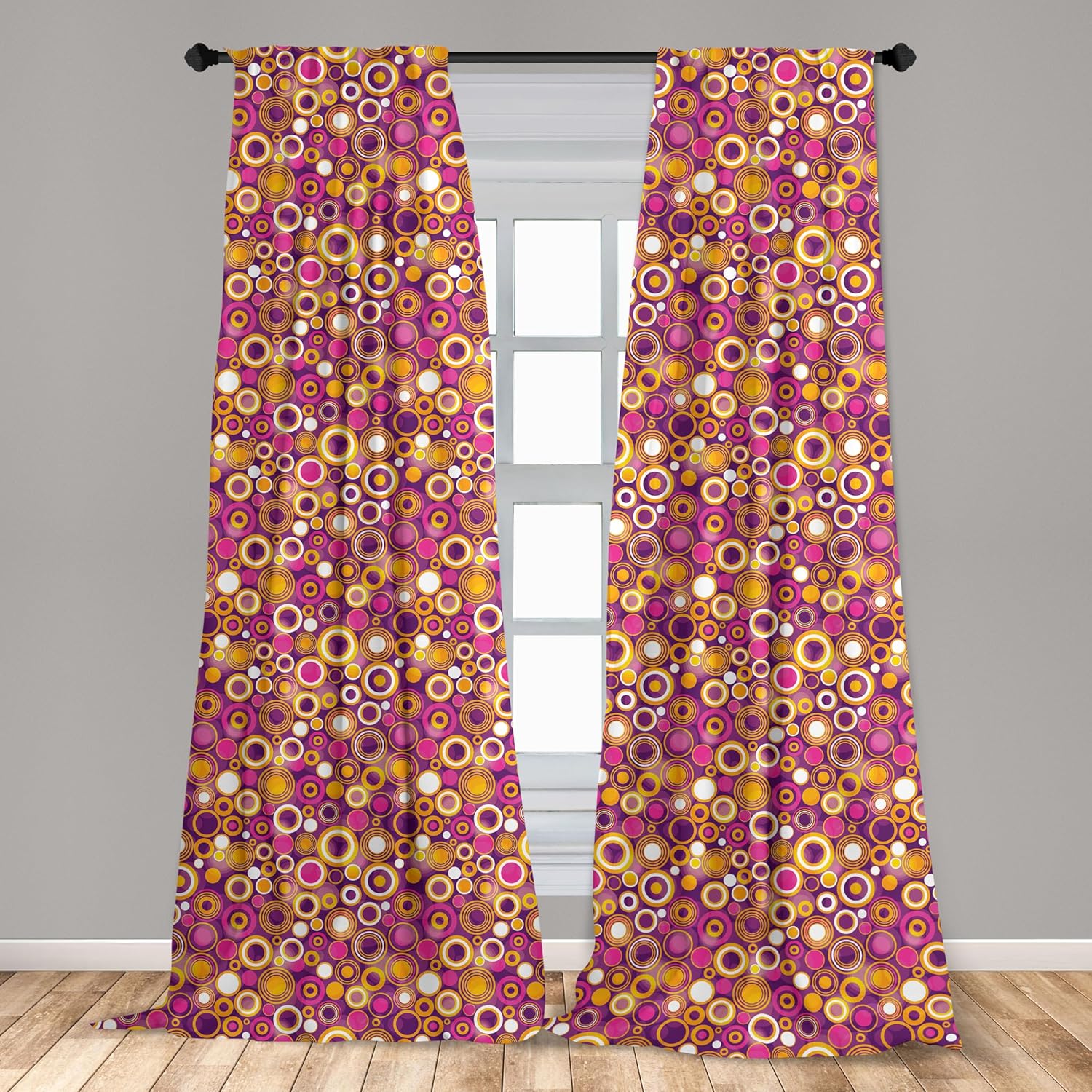 Ambesonne Geometric Curtains, Retro Style 70s Like Vintage Circles and Rounds Water Drops Like Image Art, Window Treatments 2 Panel Set for Living Room Bedroom, Pair of - 28" x 95", Purple