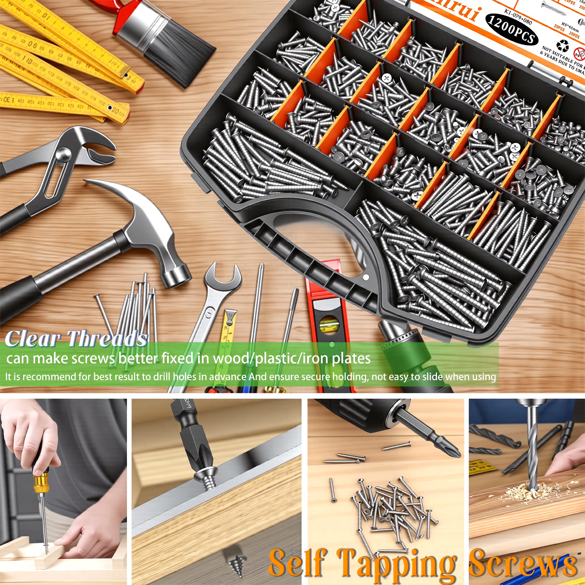 Dianrui 1200-teiliges selbstschneidende Schrauben-Sortiment, M3/M4/M5/M6 Edelstahl, sortiertes Schrauben-Set, Holzschrauben-Sortiment (605 Stück Rundkopf und 595 Stück Flachkopf)