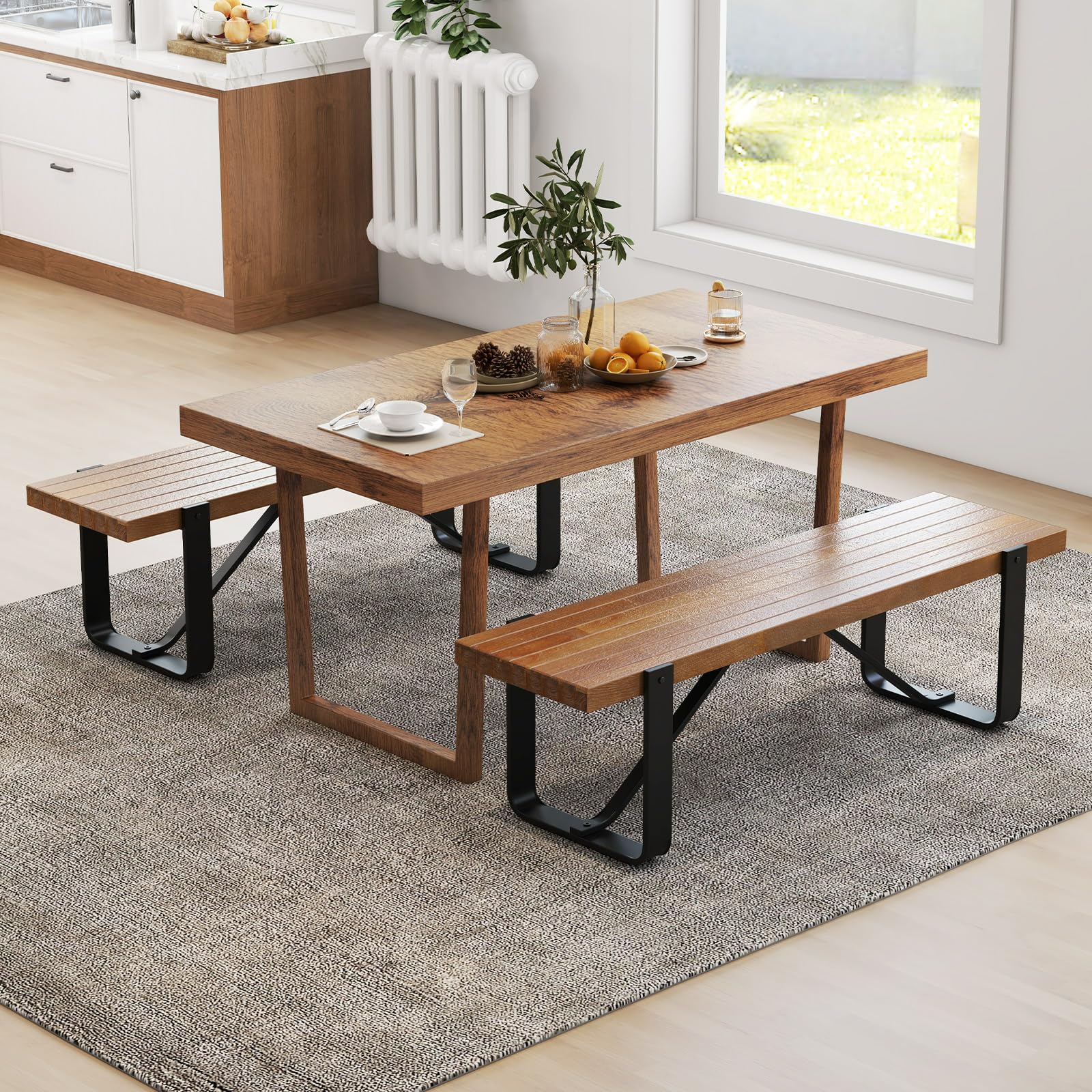 GIANTEX 60" Dining Bench for 30-Person, Long Entryway Bench Seat with Metal Frame, 660 Lbs Capacity, Farmhouse End of Bed Bench for Living Room, Bedroom, Dining Room, Brown