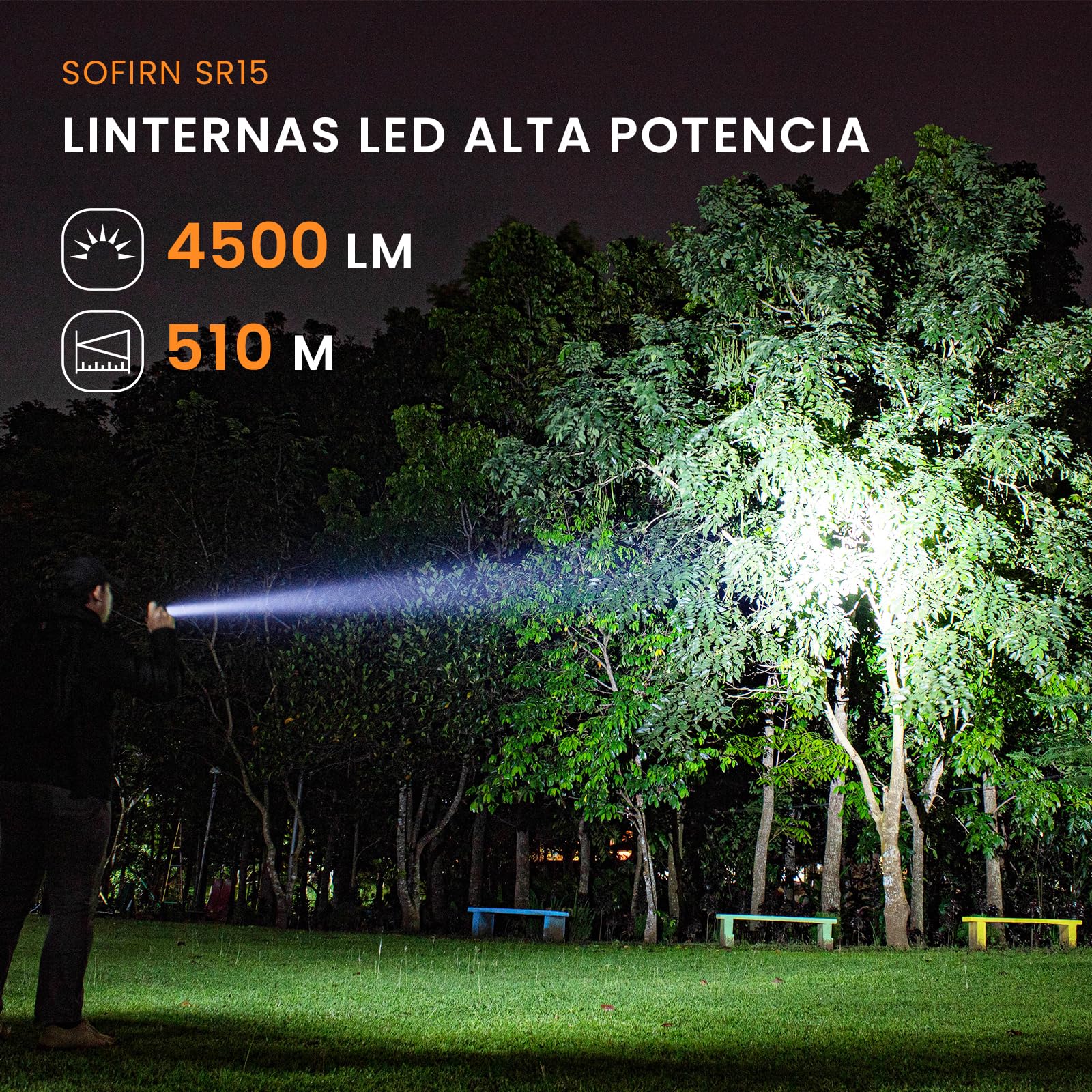Sofirn SR15 Linterna LED Recargable, 4500 Lúmenes, 510 m Alcance, Linterna Tactica con 8 Modos, USB-C, IPX8 Impermeable, Base Magnética, Clip y Diseño Compacto para Trabajo, Emergencias y Uso Diario