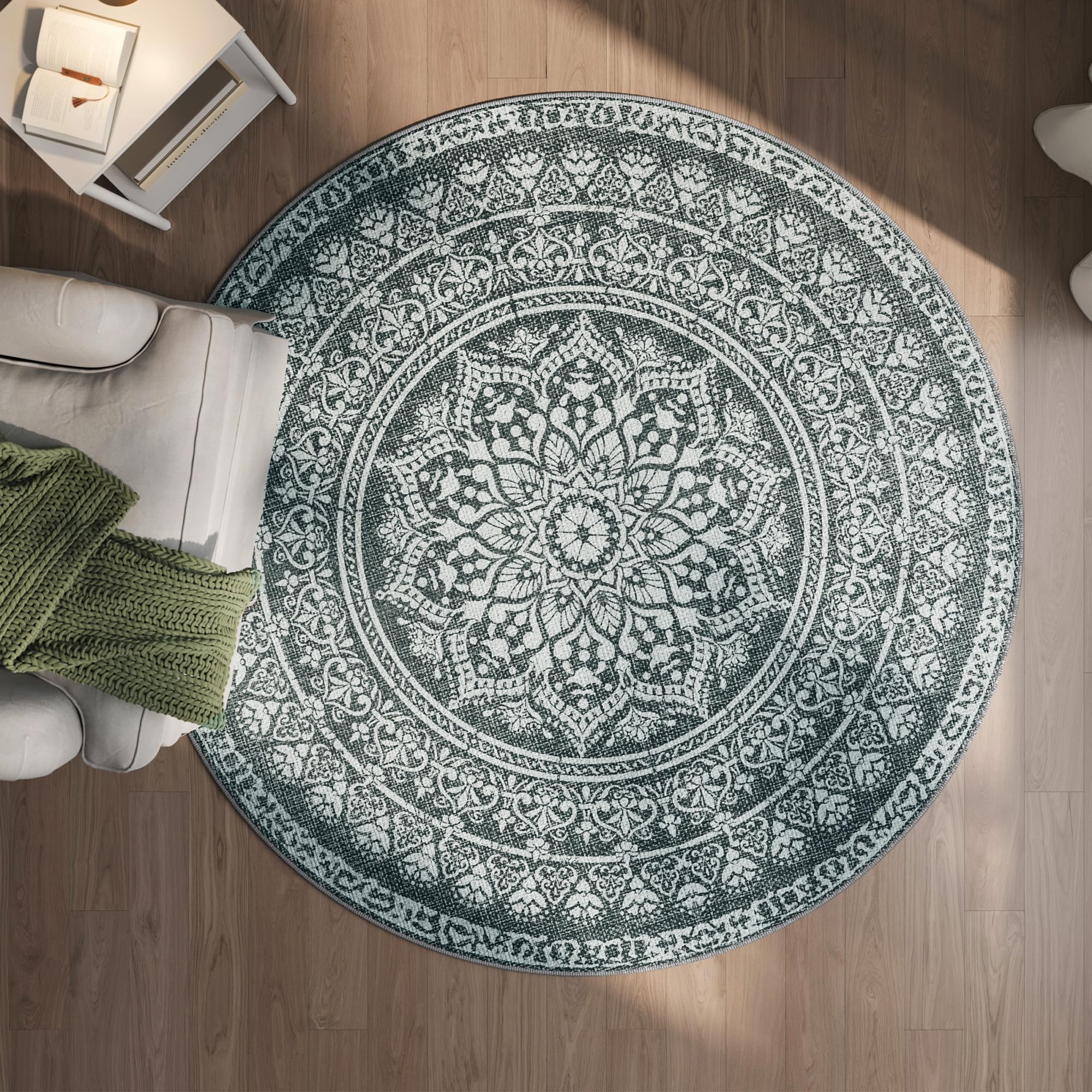SONGMICS Home Teppich rund, Outdoor Teppich, Boho, 160 cm d, waschbar, rutschfest, Floral Vintage, für Wohnzimmer, Esszimmer, Schlafzimmer, Optik, Garten, Terrasse, Balkon, anthrazitgrau TAR052G02